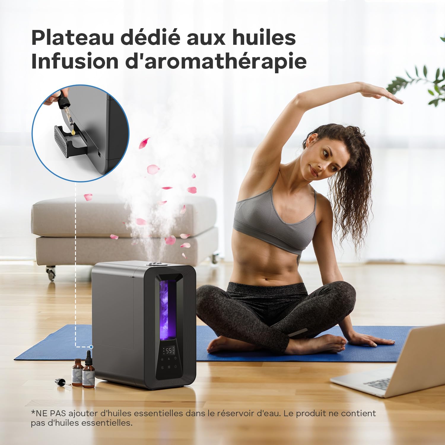 AROEVE Humidificateur d'Air Chambre Top-Fill, 5L Ultrasonique Brume Froide avec Diffuseur Aromes, Hygrostat Intelligent, Veilleuse, 50H/25dB Silencieux pour Bureau Bébé Plantes