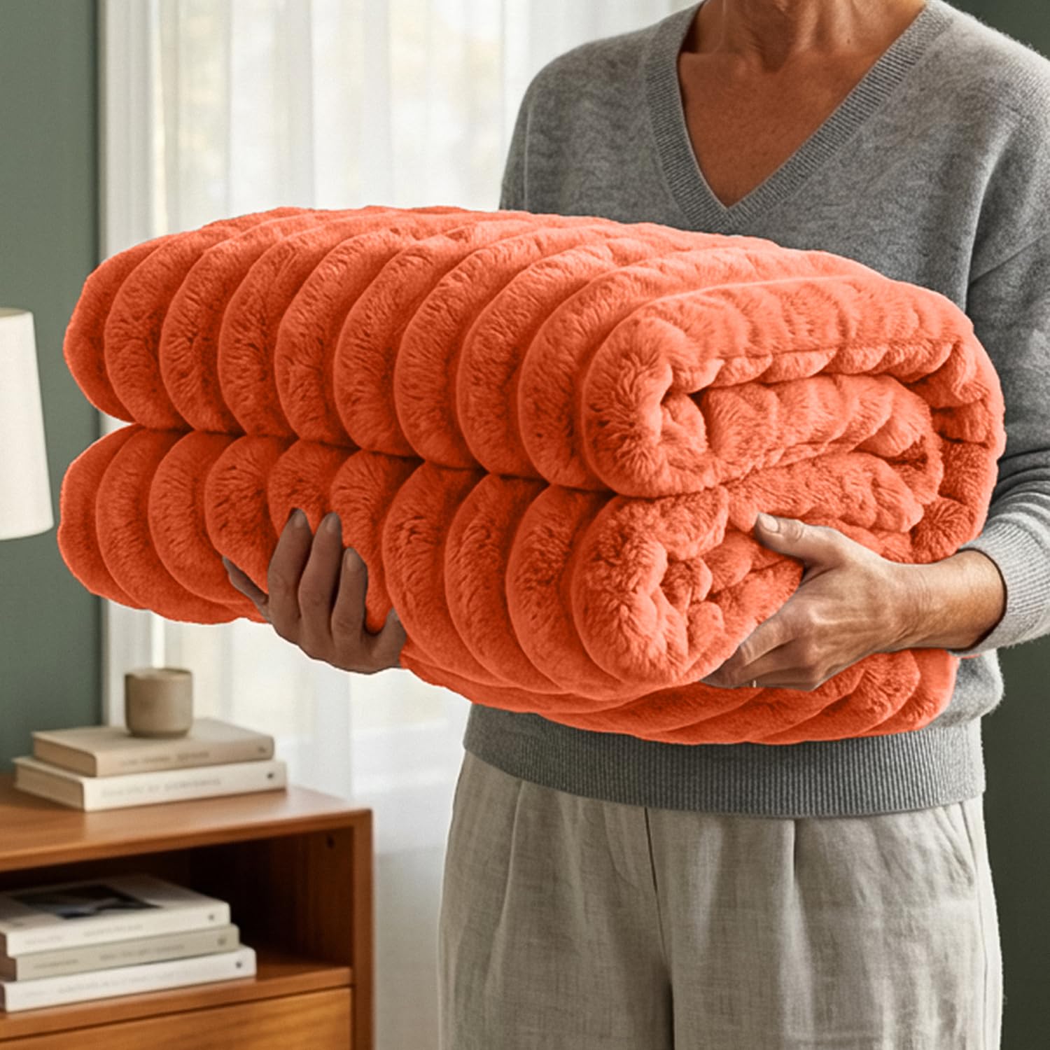 Casabella Rust Throw Blanket - Ribbed Fleece Blanket - Soft Fluffy, Warm & Cosy Sofa Throw - Large Fleece Blanket For Sofa Bed, Couch, Bedding - King Size 200X240