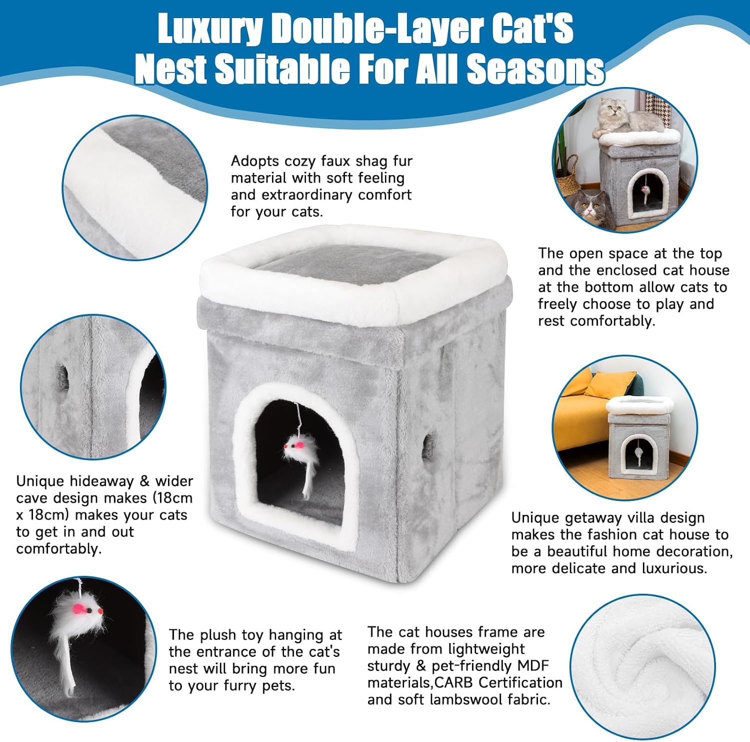 review Cat Bed House Cube for Indoor Cats, Large Indoor Covered Cat Cave Bed Cat Ottoman for Pets Sleeping, Playing, Climbing and Hiding, Foldable Grey Cat Condo Hideaway Kitty Nest 12.2x12.2 x 16.5 inches