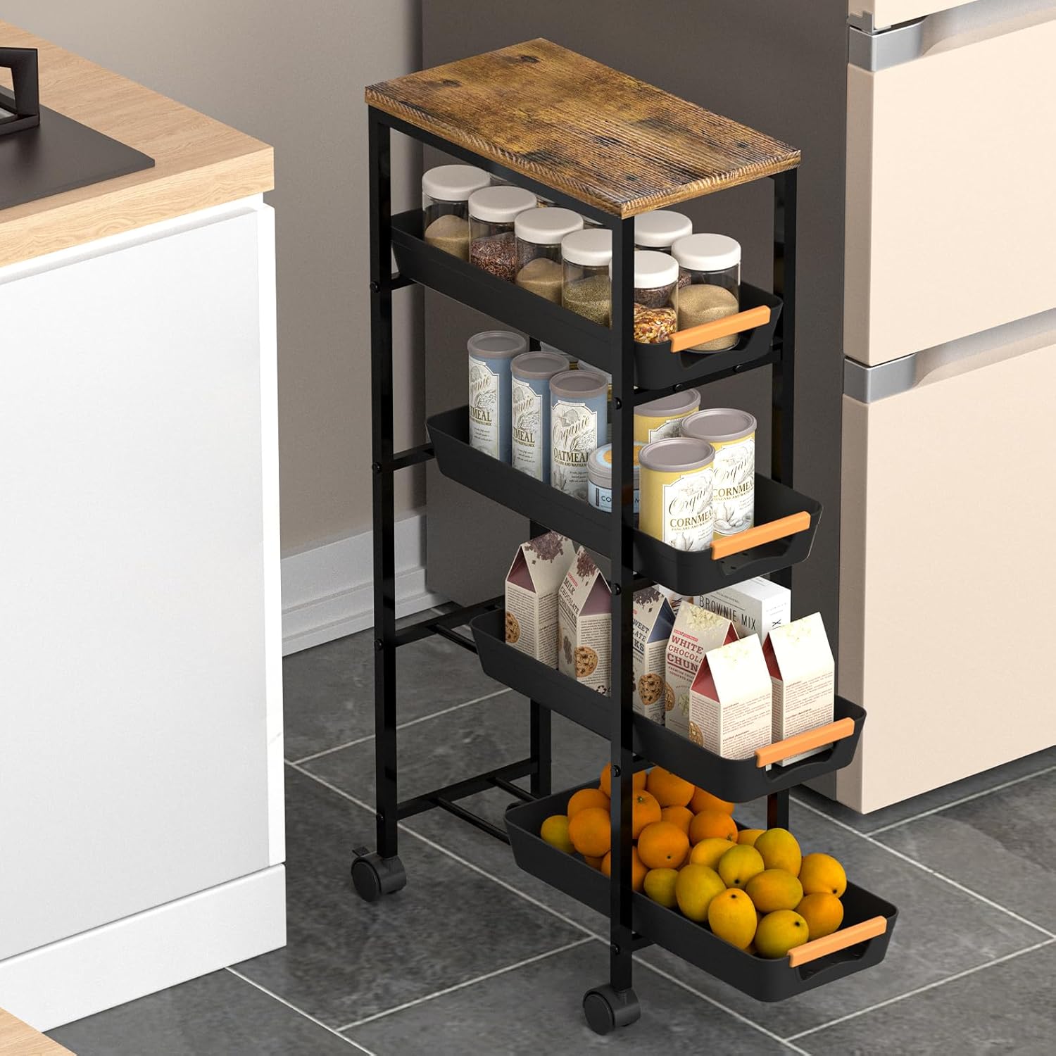 5 Tier Slim Rolling Utility Cart with Drawers Pull-Out Design Slim Storage Cart with Metal Frame and Wooden Top for Narrow Space in Home Kitchen Bathroom Black (Width 8.1 Inches)