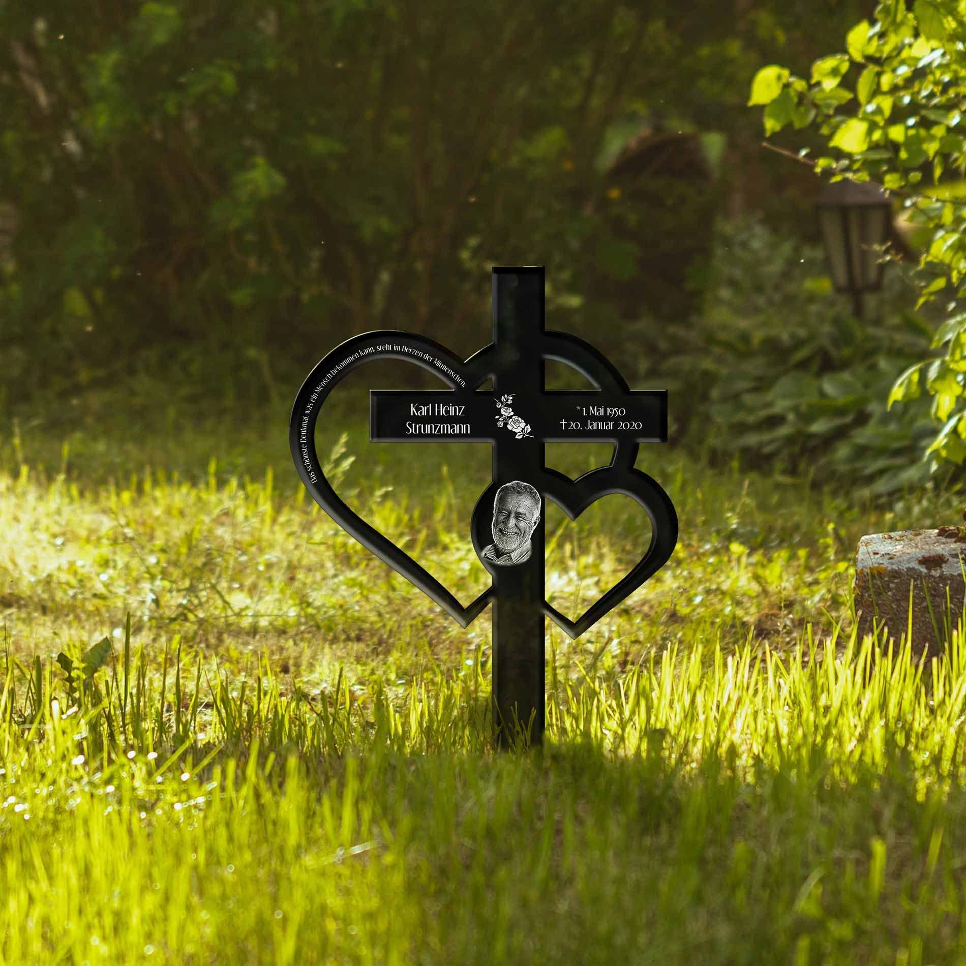 Großes Grabkreuz mit Gravur aus Hochglanz Acrylglas - Grabstecker Kreuz als wetterfester Grabschmuck mit Gravur - Grabdeko für Urnengrab Grab - schöne Trauer Deko Friedhof (Mit Motiven)