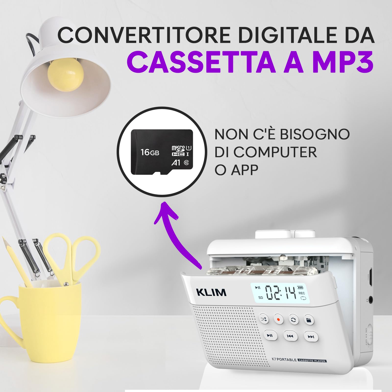 K7 Cassette Player Convertitore Cassette MP3 Lettore Audio Portatile Microfono Altoparlante Incorporati Batteria Ricaricabile Scheda SD 16 GB Bianco