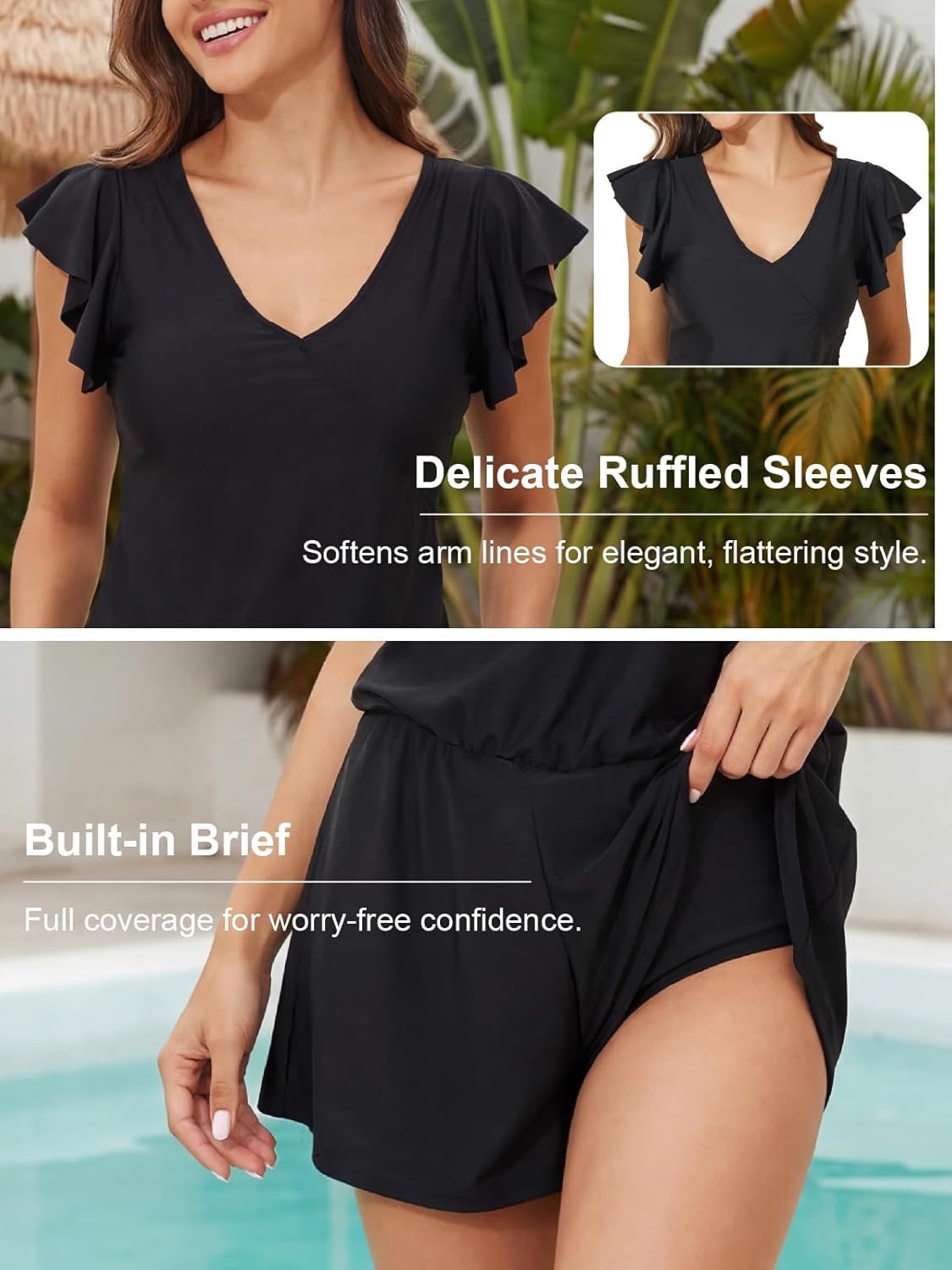 Smismivo Swim Romper with Built in Bra and Pockets Swim Dress Modest One Piece Swimsuit Full Coverage Bathing Suit