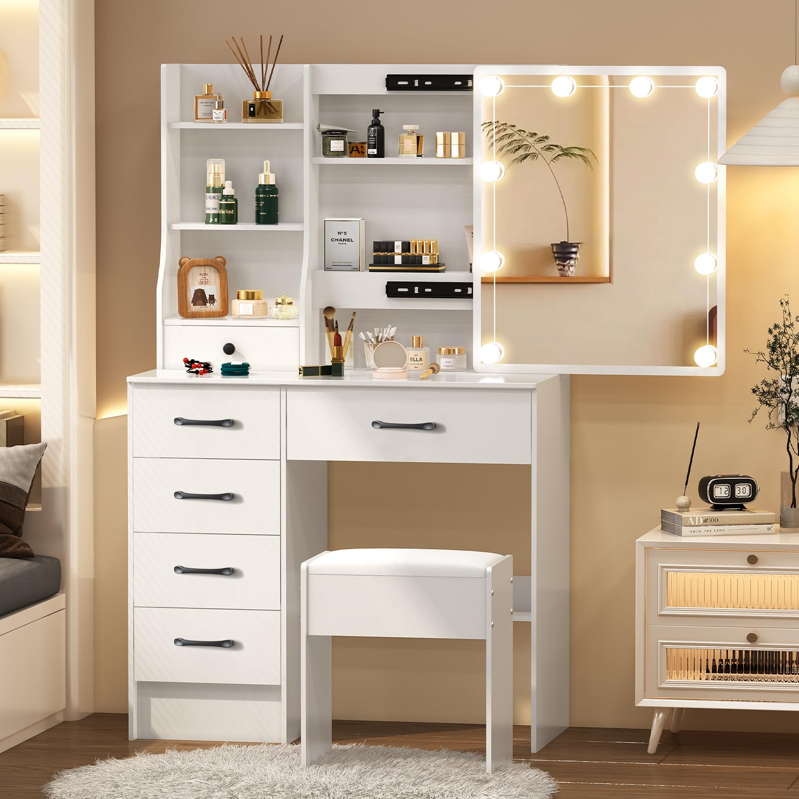 Buildonely Dressing Table With Mirror and Stool, White Vanity Makeup Table for Girls, Makeup Desk with Drawers for Bedroom, Adjustable Brightness, 80 x 36 x 131 cm
