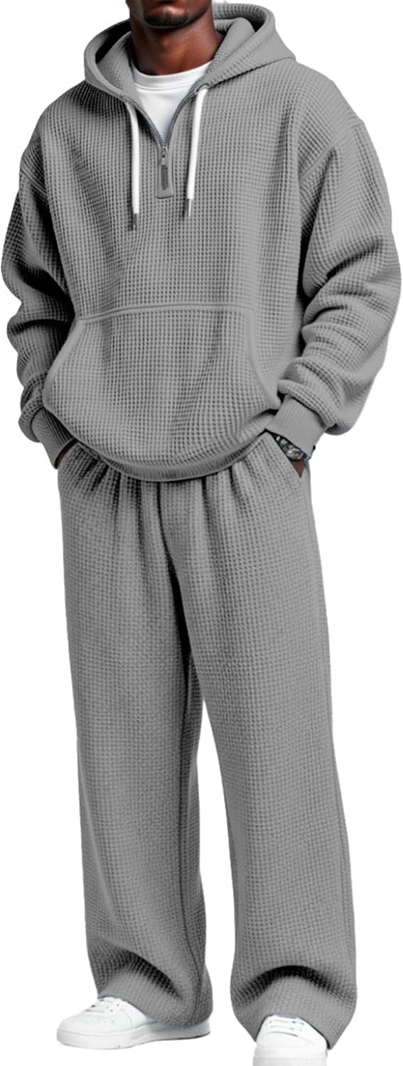 Men's Waffle Knit Quarter Zip Hoodie and Wide Leg Pants Casual 2-Piece Tracksuit Set Sweatsuit