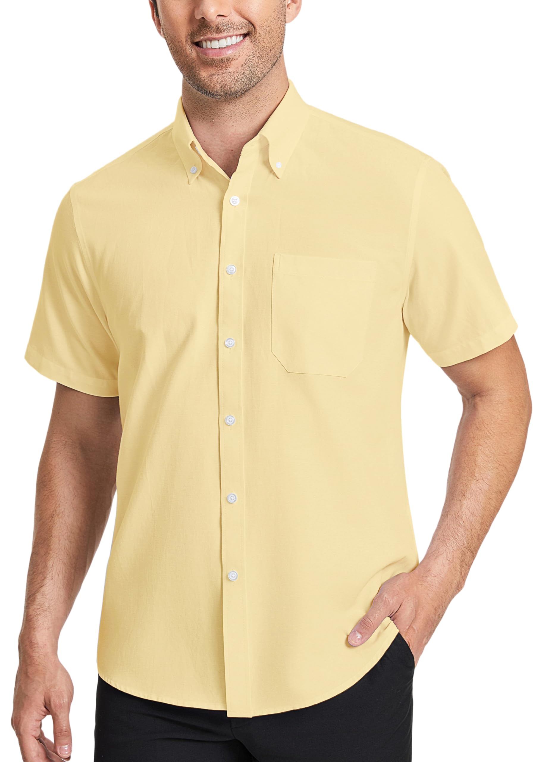HISDERN Mens Short Sleeve Dress Shirts Oxford Solid Casual Button Down Collar Shirt with Pocket