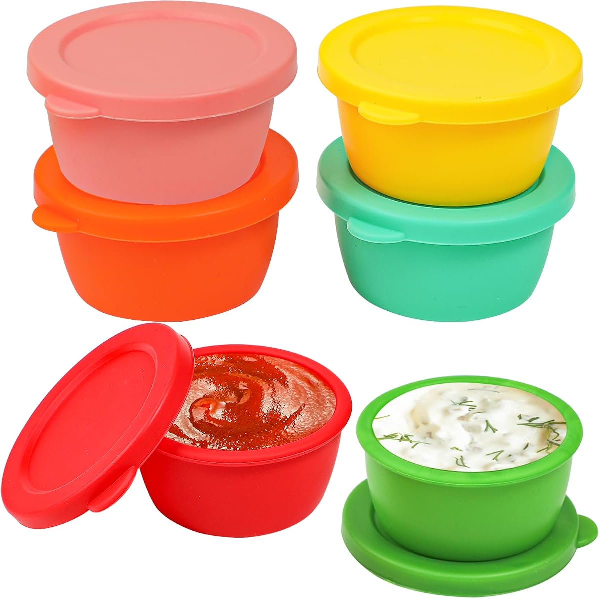 Recipiente para aderezo de ensalada de silicona Webake para llevar, mini tazas de salsa reutilizables de 1,6 oz con tapa para lonchera, 6 paquetes a prueba de fugas