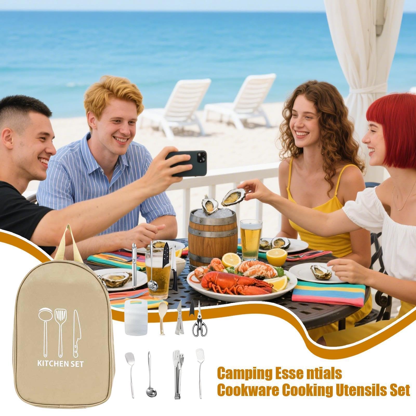 Generisch Set di utensili da cucina portatile da campeggio, 12 pezzi | Con custodia per attrezzatura da campeggio, set completo per camper, attività all'aperto, barbecue, picnic, avventure,