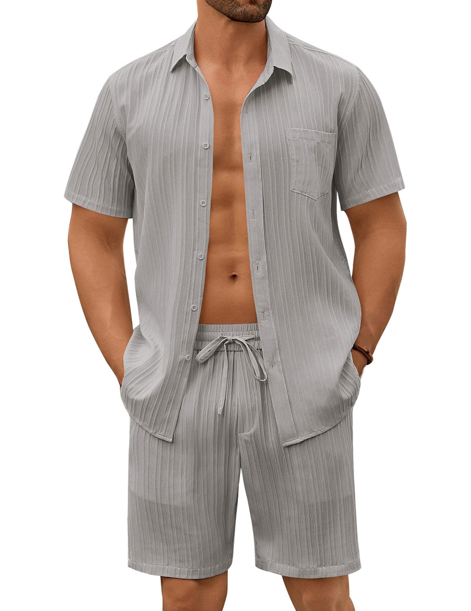 COOFANDY Mens Beach Outfits 2 Piece Sets Casual Short Sleeve Button Down Summer Textured Shirt