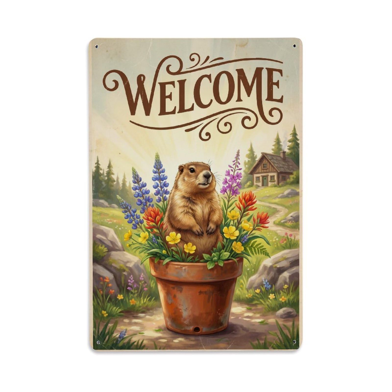 Cxhjca 8X12inch(20X30cm) Vintage Welcome Marmot Meadow Scene Metal Tin Sign