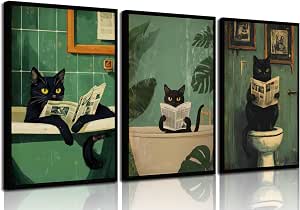 Amazon.com: Funny Black Cat Bathroom Wall Art Cute Pets Cat Reading ...
