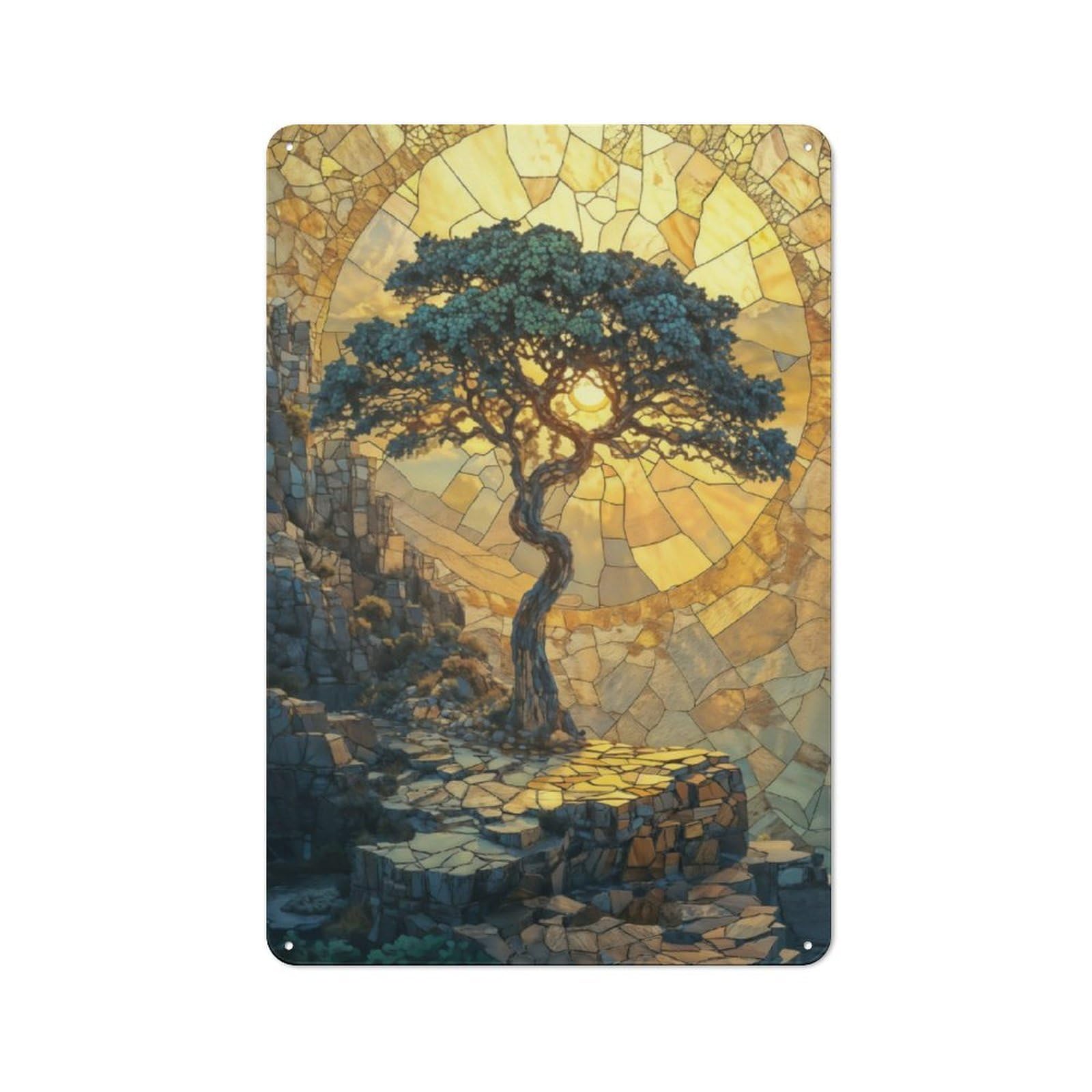Junmoney Stone Mosaic Golden Tree Rustic Metal Sign 30X20cm For Hallway Wall, For Collectors Of Rustic Metal Wall Decor