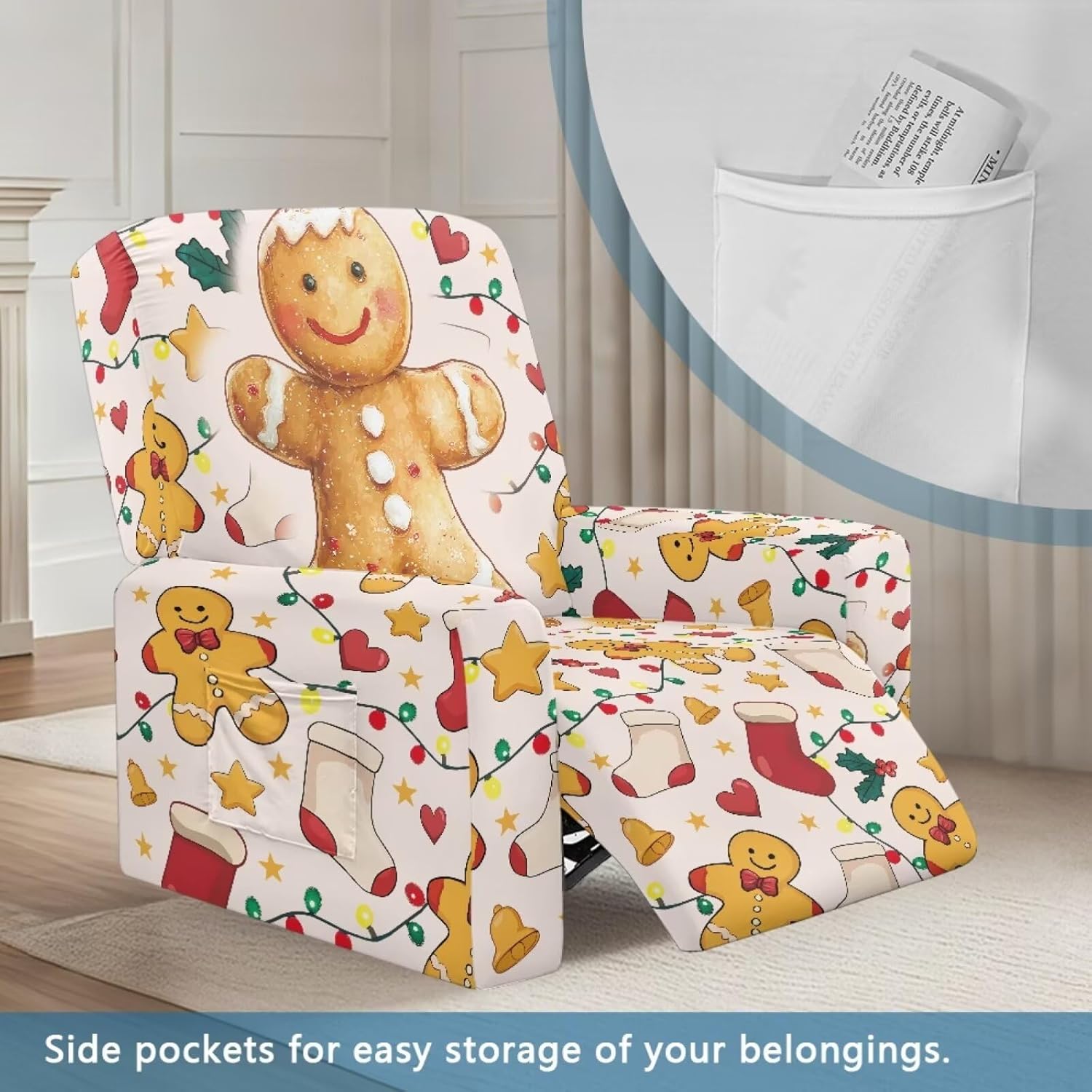 Gingerbread Christmas Recliner Chair Slipcover Non Slip Chair Covers with Arms 4-Piece Soft Sofa Cover Sofa Slipcover Comfy Recliner Slip Cover Cushion Protector Christmas Decor