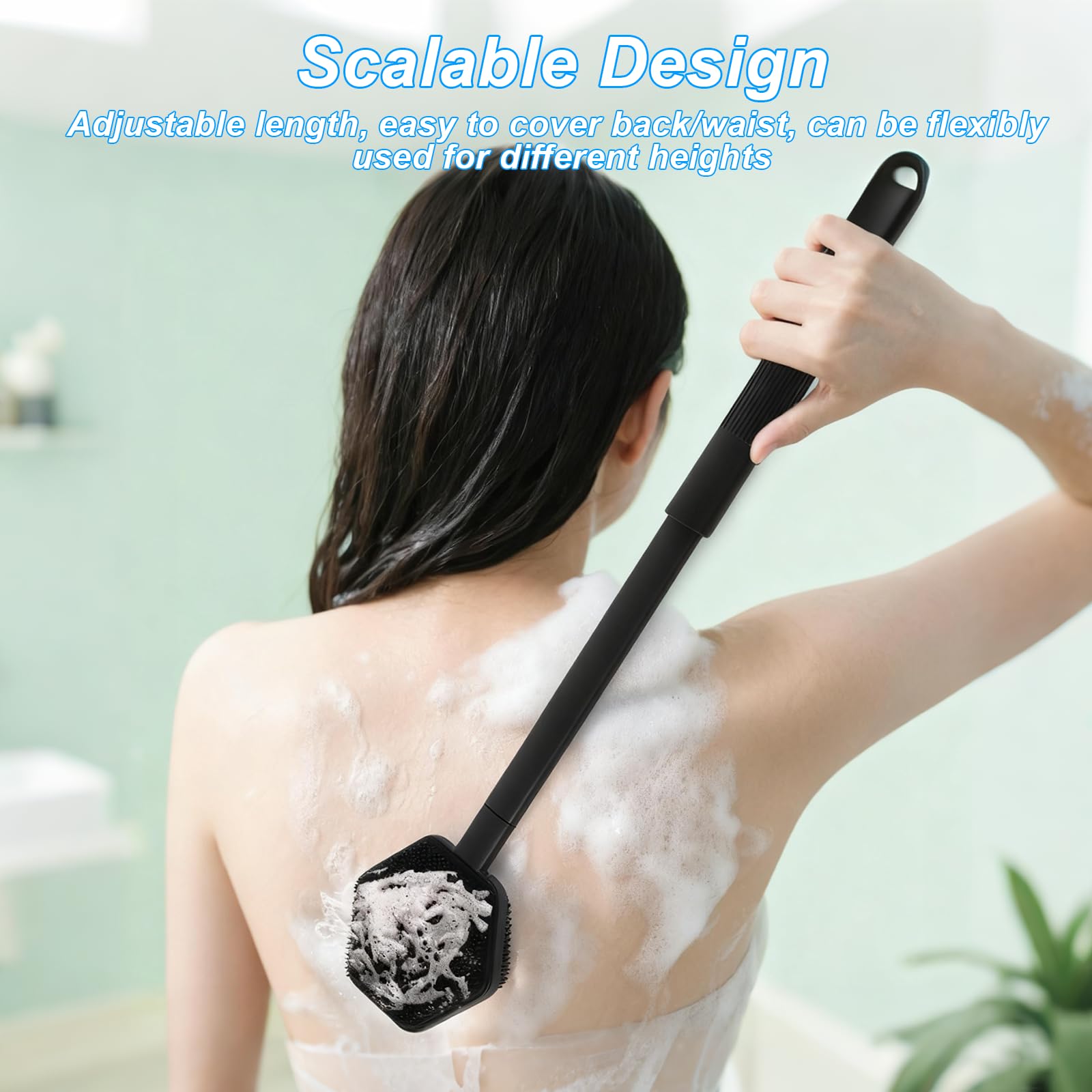 Spazzola Spugna per Doccia in Silicone con Manico Regolabile, Spazzola Corpo Doppia Faccia per Esfoliazione e Massaggio nella Doccia, Spazzola Schiena con Manico Lungo per Spazzolatura a Secco