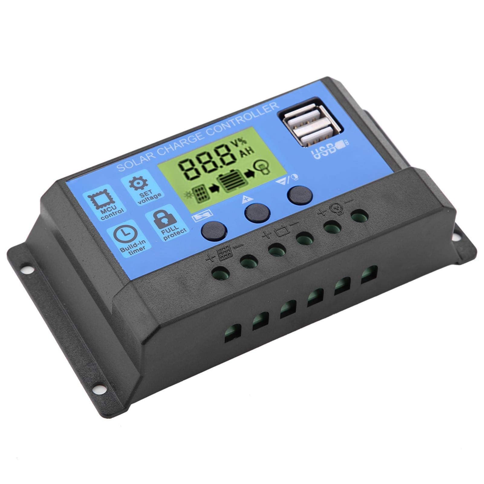 controlador de carga solar + Controlador de carga del panel solar, Akozon Cargador solar Controlador inteligente Panel batería Regulador PWM 12V 24V Dual USB(10A)