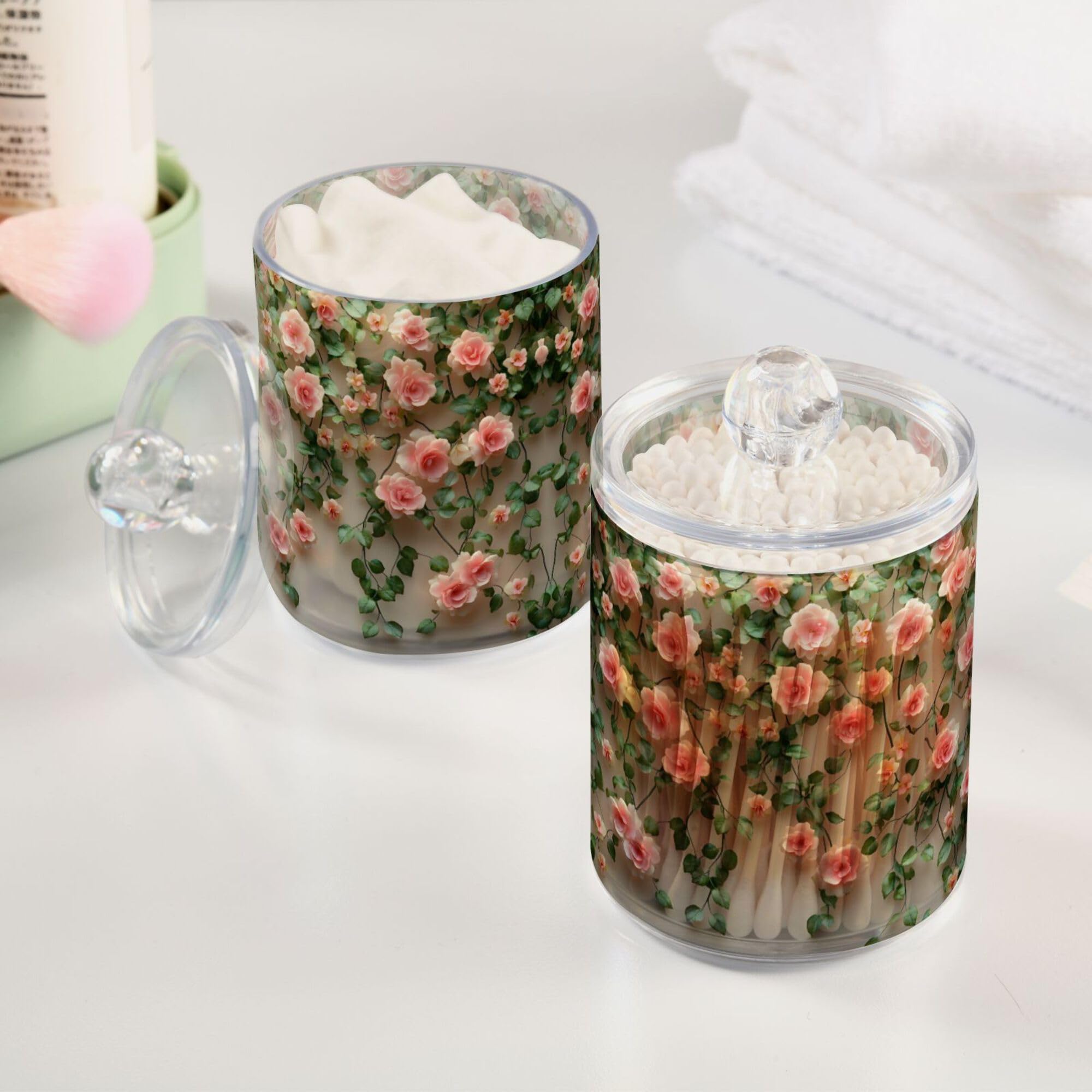 MNSRUU 2 Pack Qtip Holder Organizer Dispenser 3d Flower Rose Bathroom Storage Canister Cotton Ball Holder Bathroom Containers for Cotton Swabs/Pads/Floss