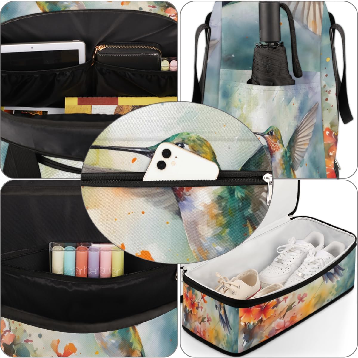 QsirBC Hummingbird Theme Gym Bag for Women Duffle Tote with Shoes Compartment Men Weekender Duffel for Dance Travel Sports Swimming Overnight