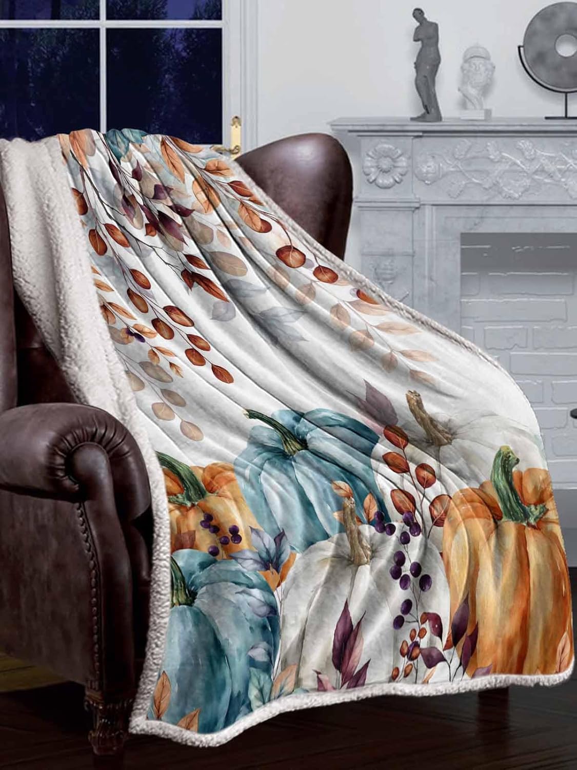 Fall Throw Blanket Thanksgiving Pumpkin Sherpa Flannel Throws for Couch,Autumn Eucalyptus Leaves Soft Fleece Blanket,Farmhouse Boho Watercolor Warm Cozy Bedspread Throws for Sofa Chair Living Bedroom