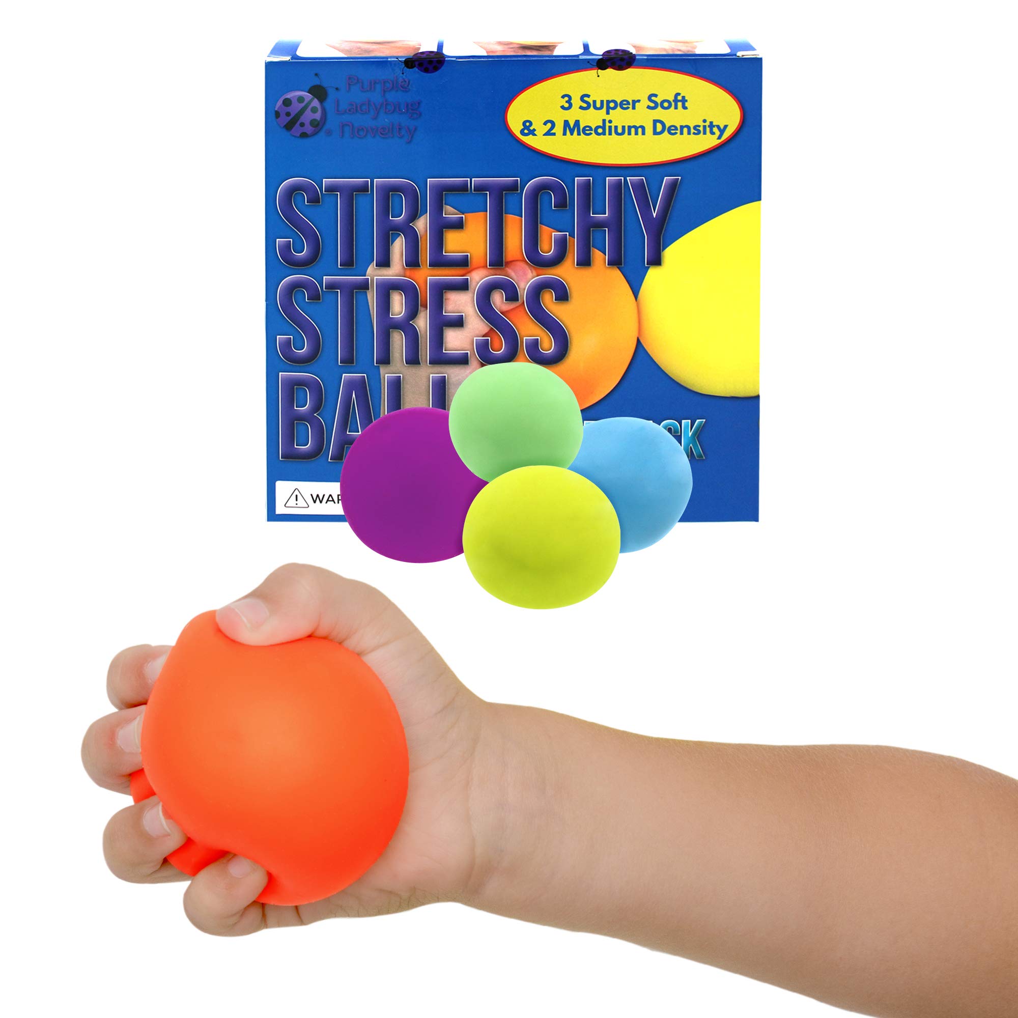 Stretchy Stress Balls for Kids & Adults! Stress Ball Set with 3 Super Soft Squishy Balls + 2 Medium Density Squeeze Balls for Anxiety Relief - Fun Fidgets for Children, Great Gift for Girls & Boys!