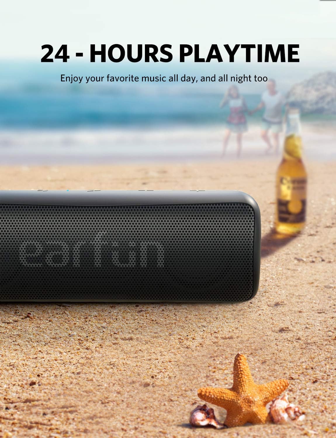 EarFun Go speaker on a beach with a blurred background of people and ocean, representing 24-hour playtime for outdoor use