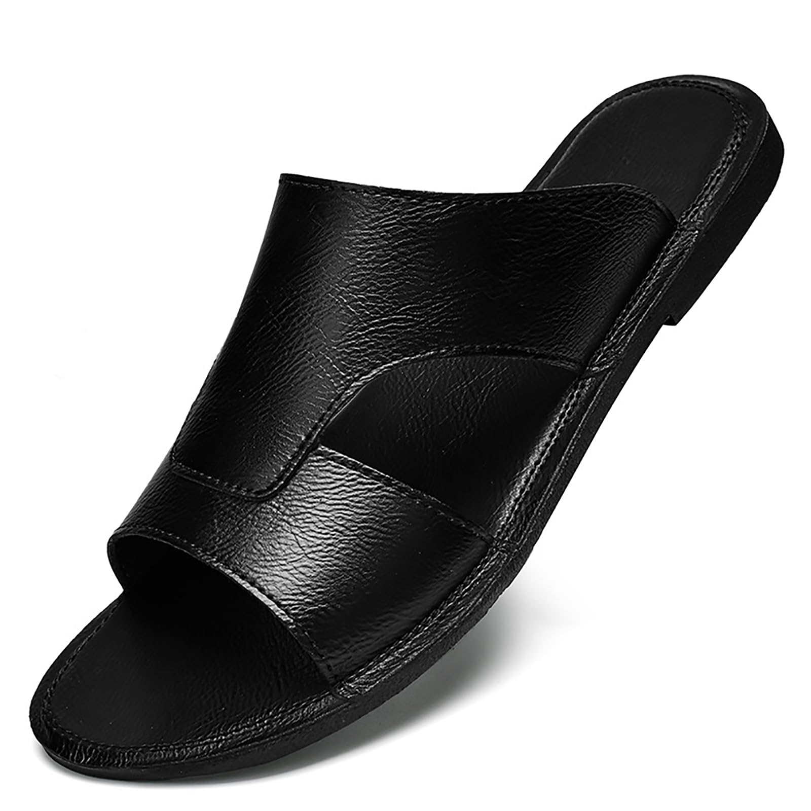 LVOMU Men's Leather Cutout Slides Sandals Comfortable Lightweight Open Toe Anti-Slip Soft Bottom Slip On Slippers Summer Outdoor Casual Beach Sandals
