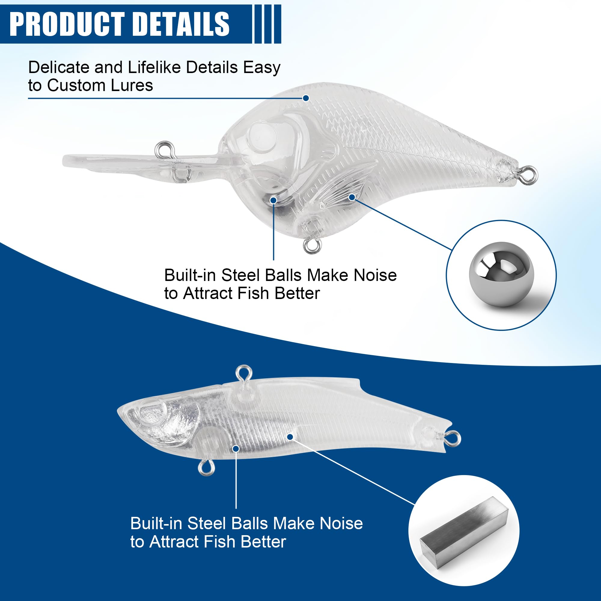 Kit de fabrication de leurres de pêche non peints - Leurres vierges - Avec hameçons triples - Anneaux fendus - Autocollants pour faire vos propres leurres de pêche