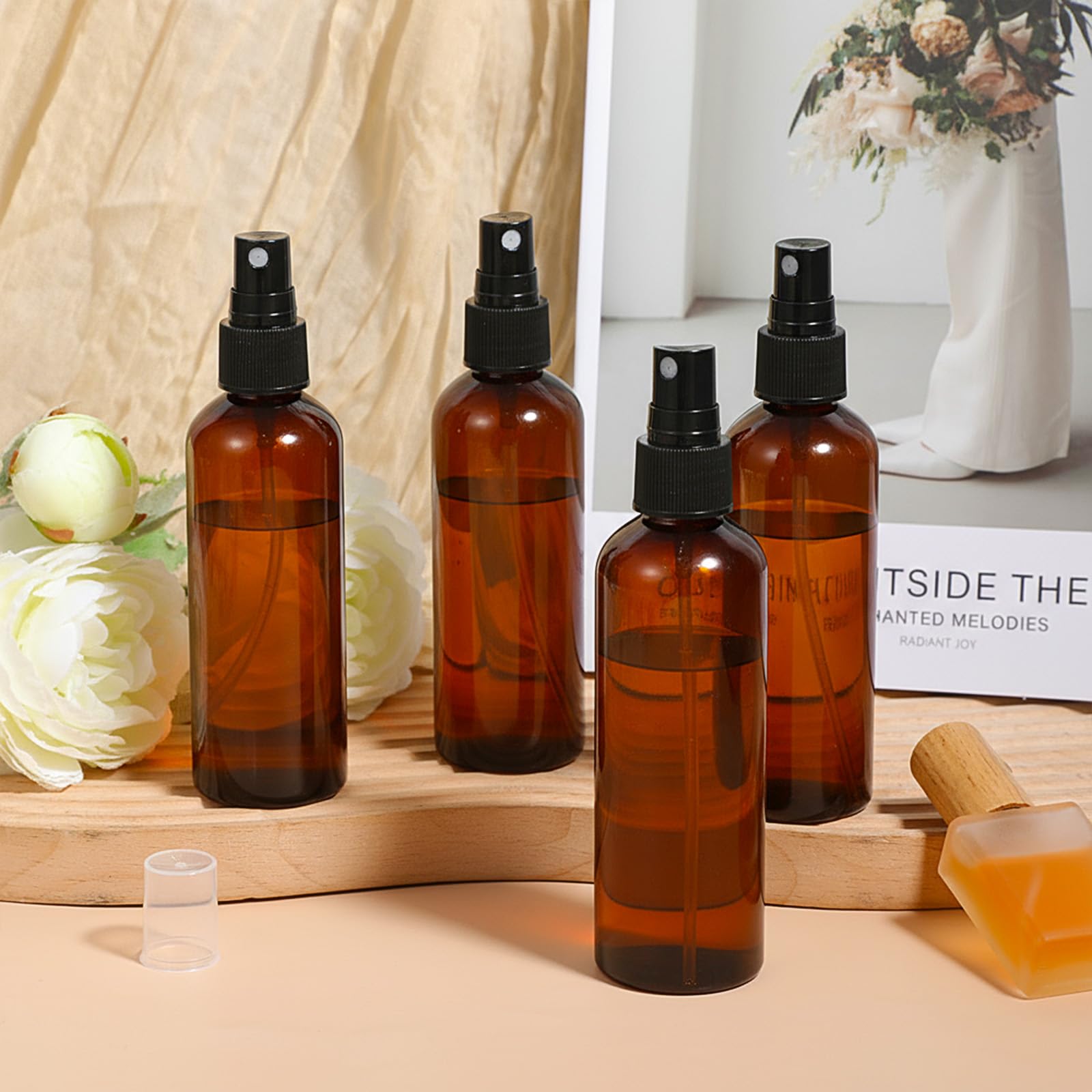 60 Pack 4 Oz Amber PET Plastic Spray Bottles, Fine Mist Refillable