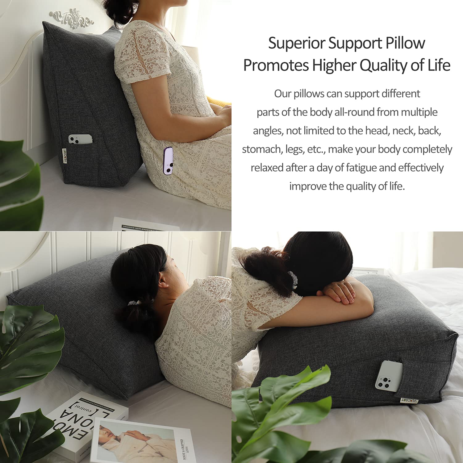 Johnear Keilkissen mit Seitentasche – Orthopädisches Rückenkissen für Bett & Sofa, Dreieckiges Lesekissen als Stützkissen für Lendenwirbel, Nacken & Bücher （Grau 2，45cm）