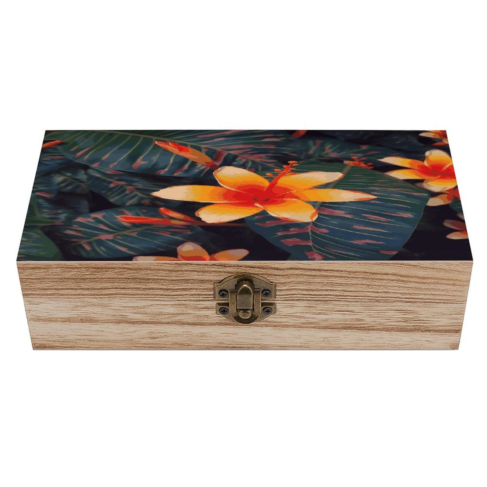 Btcowzrv Style Hawaii Tropical Flower Wooden Storage Box, Keepsake Box With Hinged And Retro Lock, Wood Jewelry Organizer For Photos & Mementos And Home Decor