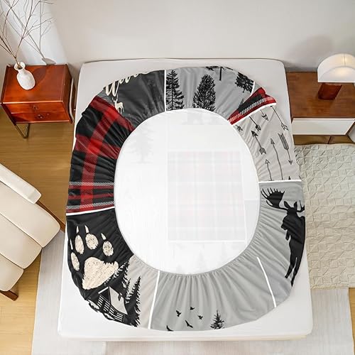 Miniatura 111 de Sábana bajera ajustable de oso de caza, juego de ropa de cama a cuadros de búfalo, sábanas de retazos de cabaña rústica para niños, niños, Multi