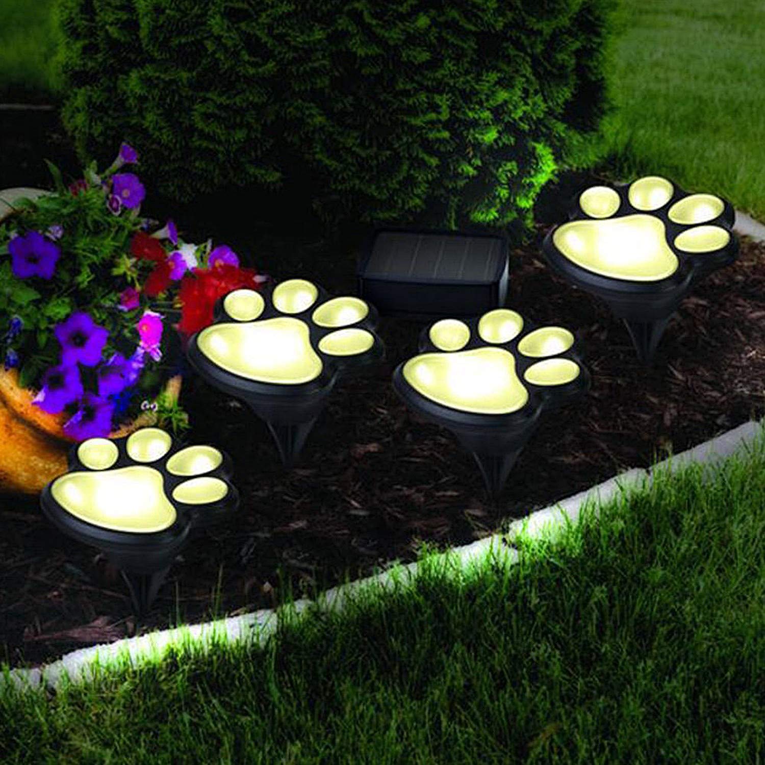 Outdoor LED Paw Solar Decor Lamp – Set Of 4, Solar Dog Cat Animal Paw Print Lights For Pathway, Lawn, Yard, Walkway, Warm/White Light