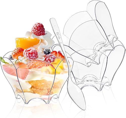 Miniatura 3 de Tebery Paquete de 100 mini tazas de postre Parfaits con 100 cucharas, cuenco pequeño transparente de 2.5 onzas para probar postres de fiesta (forma