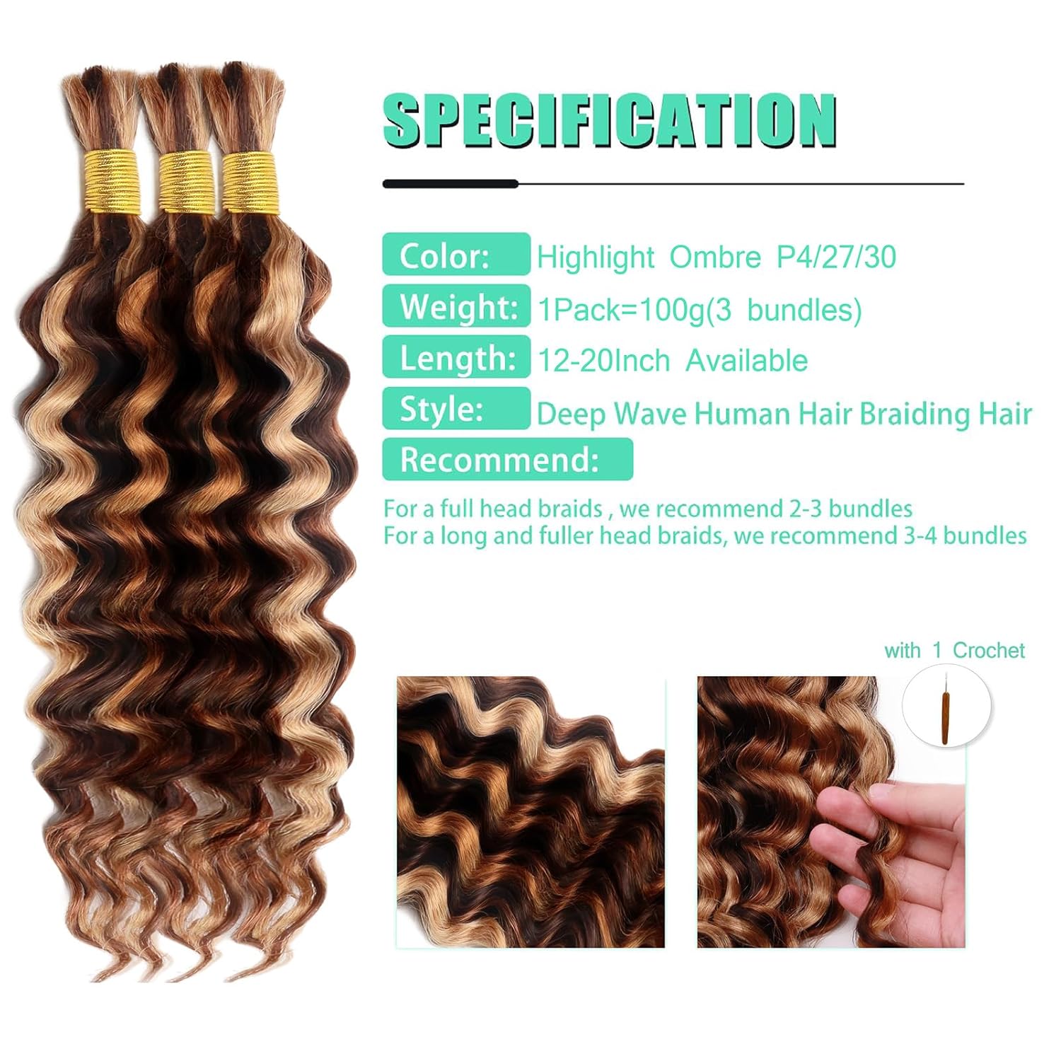 16 Inch Highlight Human Braiding Hair for Boho Braids, P4/27/30 Ombre Brown Blonde Deep Wave Curly Boho Braids Hair Extensions 100g for Braiding Knotless 3 Bundles/Pack