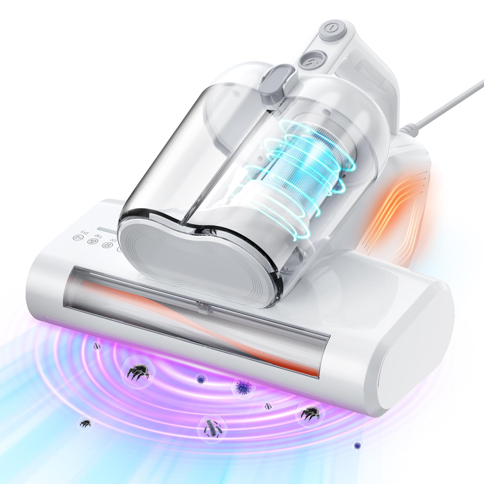 YUFAC Aspirapolvere per materassi con luce UV, 16Kpa Battimaterasso Aspirapolvere antiacaro, Aspiratore portatile per materassi da 600W con filtro HEPA, Aspiratore per letto, divano, tappeti (Bianco)