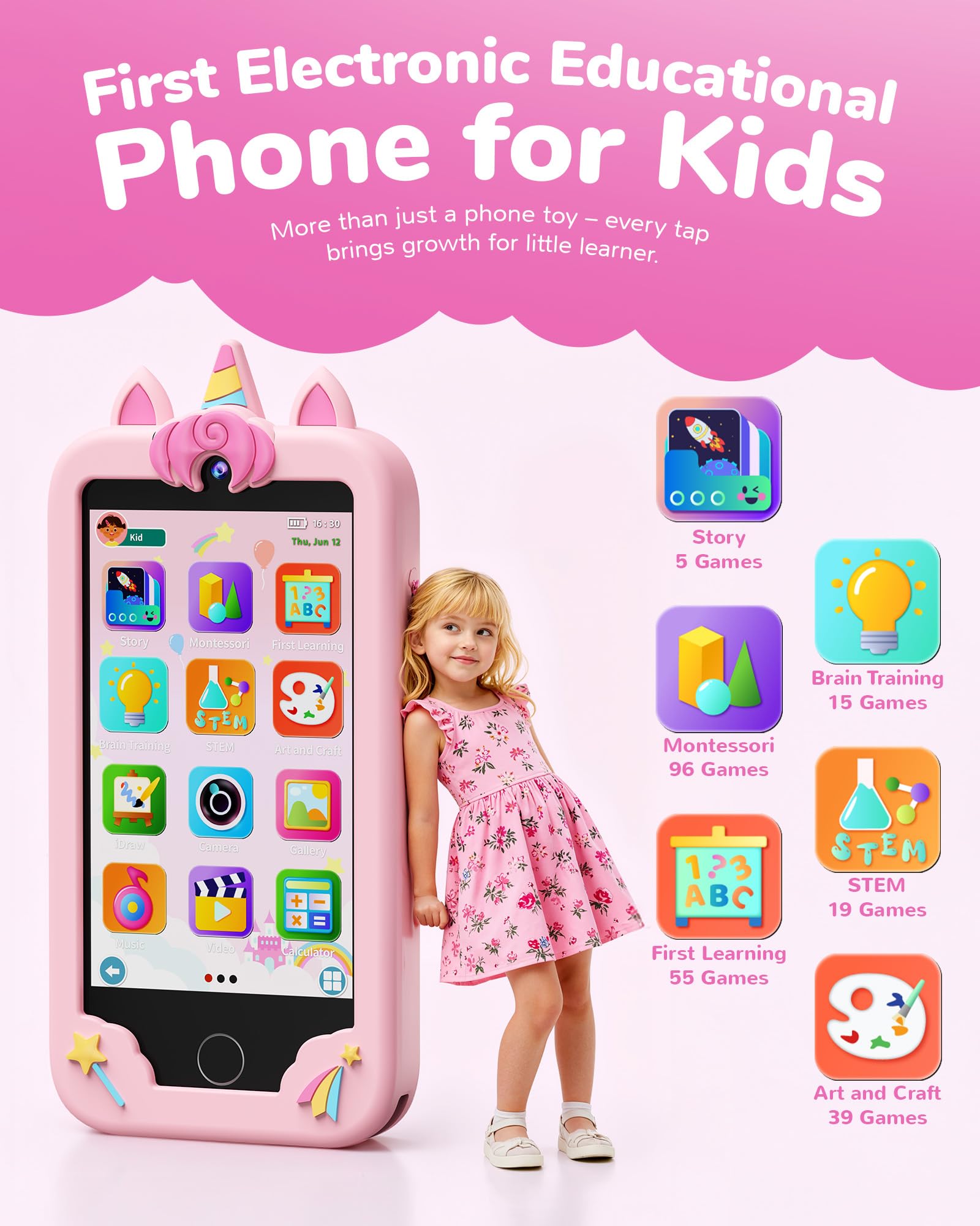 UCIDCI Juguete inteligente para niños de 3 a 7 años con cámara dual – Juguete de teléfono con juegos educativos, juguete de viaje con reproductor de música MP3 para regalos de cumpleaños para 3, 4, 5