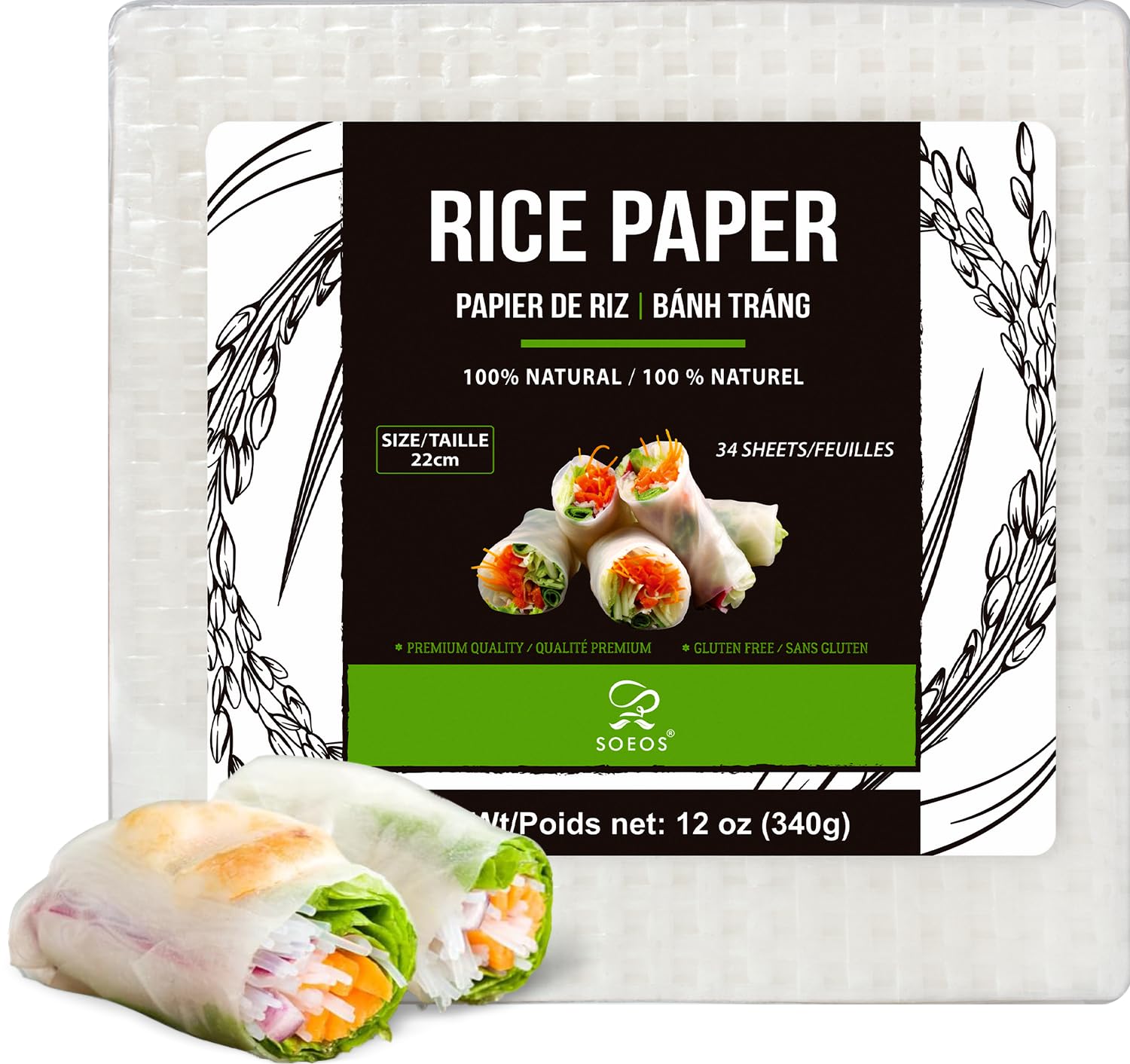 Soeos Rice Paper, White Rice Paper Wrappers, 1 Pack, 34 Sheets-Fresh Spring Roll Wrappers & Dumplings, Non-GMO, Gluten-Free, Low Carb, Vietnamese Rice Wraps (Square, 22cm)
