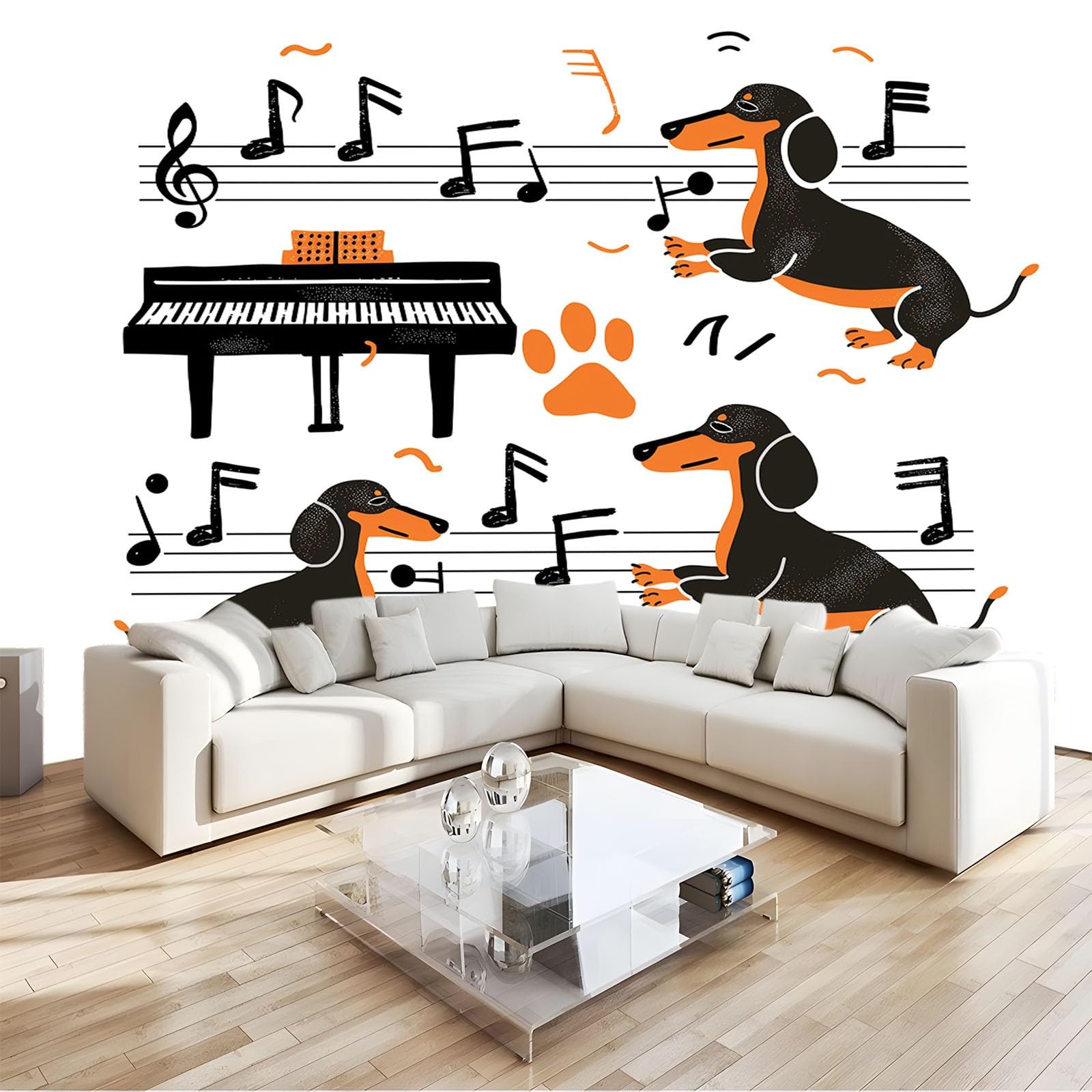Papier peint 3D effet panoramique animaux et notes de musique