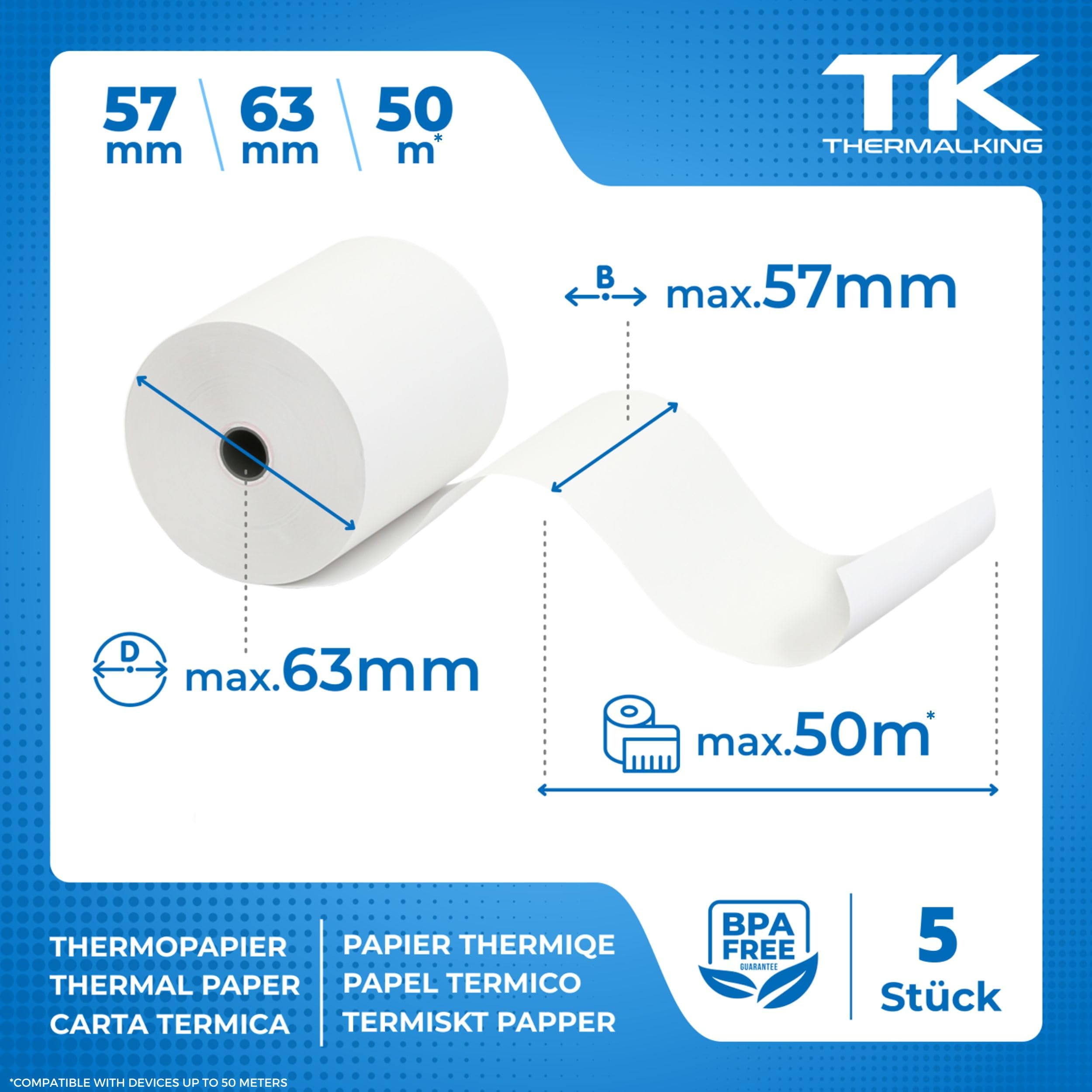 5 szt. rolek termicznych premium 57 mm x 52 mm x 12 mm – długość 50 m – papier termiczny – certyfikowany do drukarek kasowych takich jak Epson, IBM, Metapace i wielu innych.
