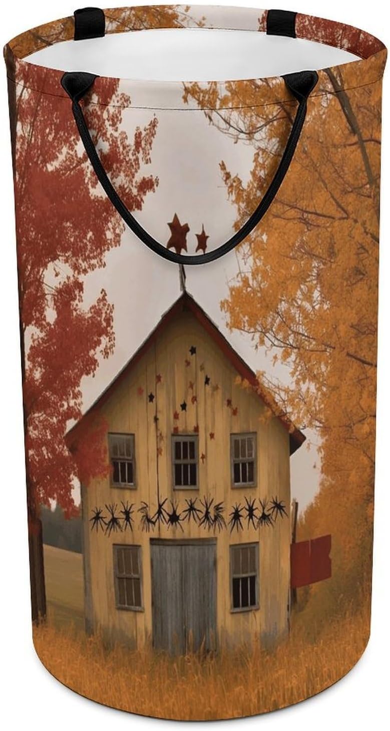 Fall Country Barn Laundry Hamper with Handles Waterproof Collapsible Laundry Basket Large Lightweight Round Dirty Clothes Hamper for Home Dorm Bathroom Decor