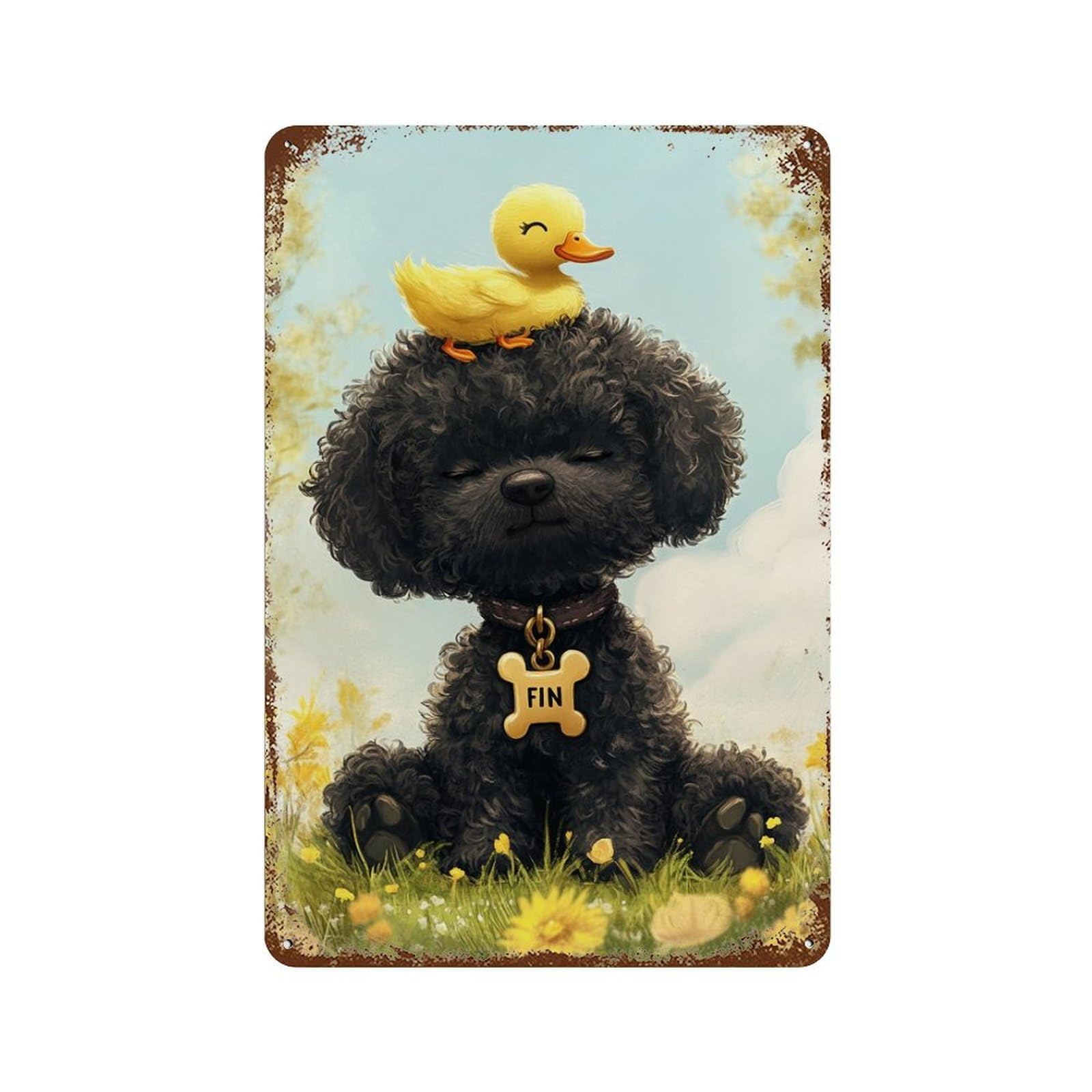 Adorable Dog with Yellow Duckling Distressed Metal Wall Sign 11.8"x7.9", Ideal for Pub, Kitchen And Man Cave Decor