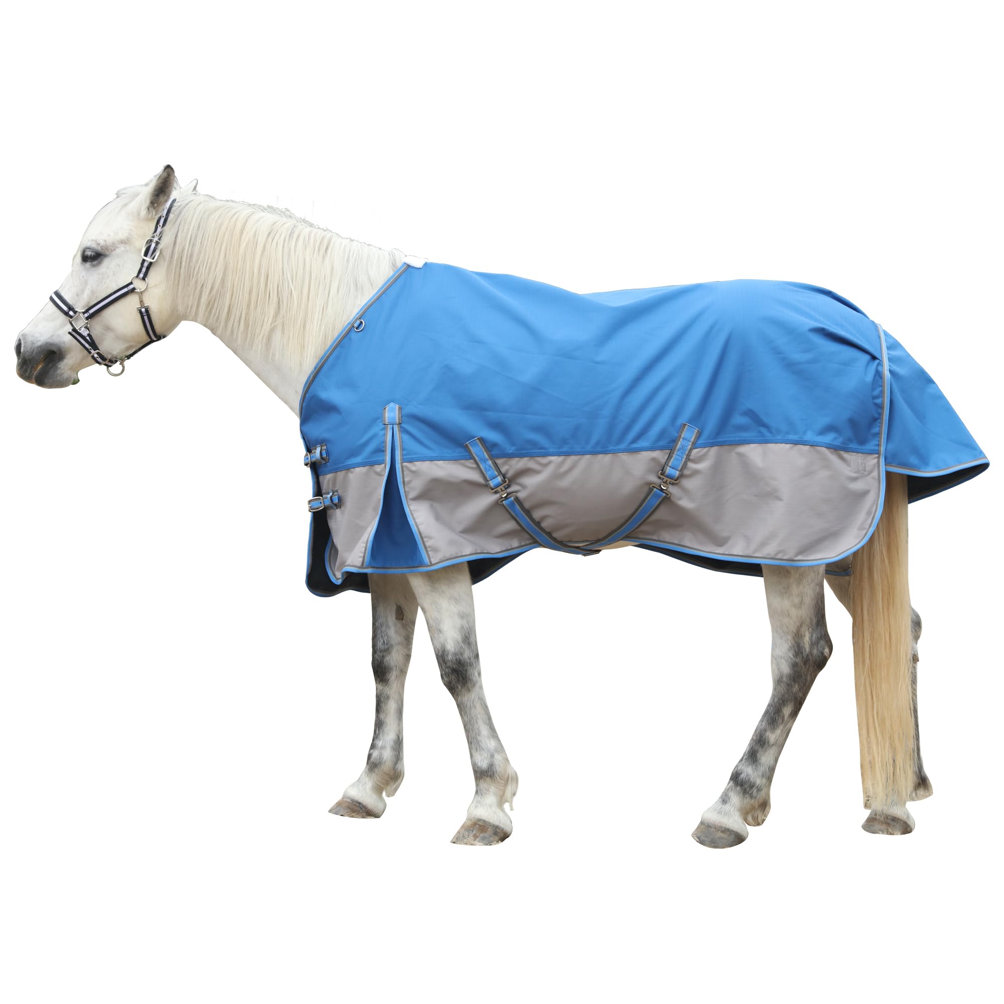 1200D Coperta per cavalli resistente allo strappo senza imbottitura (0g), Coperta da esterno leggera, impermeabile e traspirante per cavalli, Blu-Grigio 145 cm