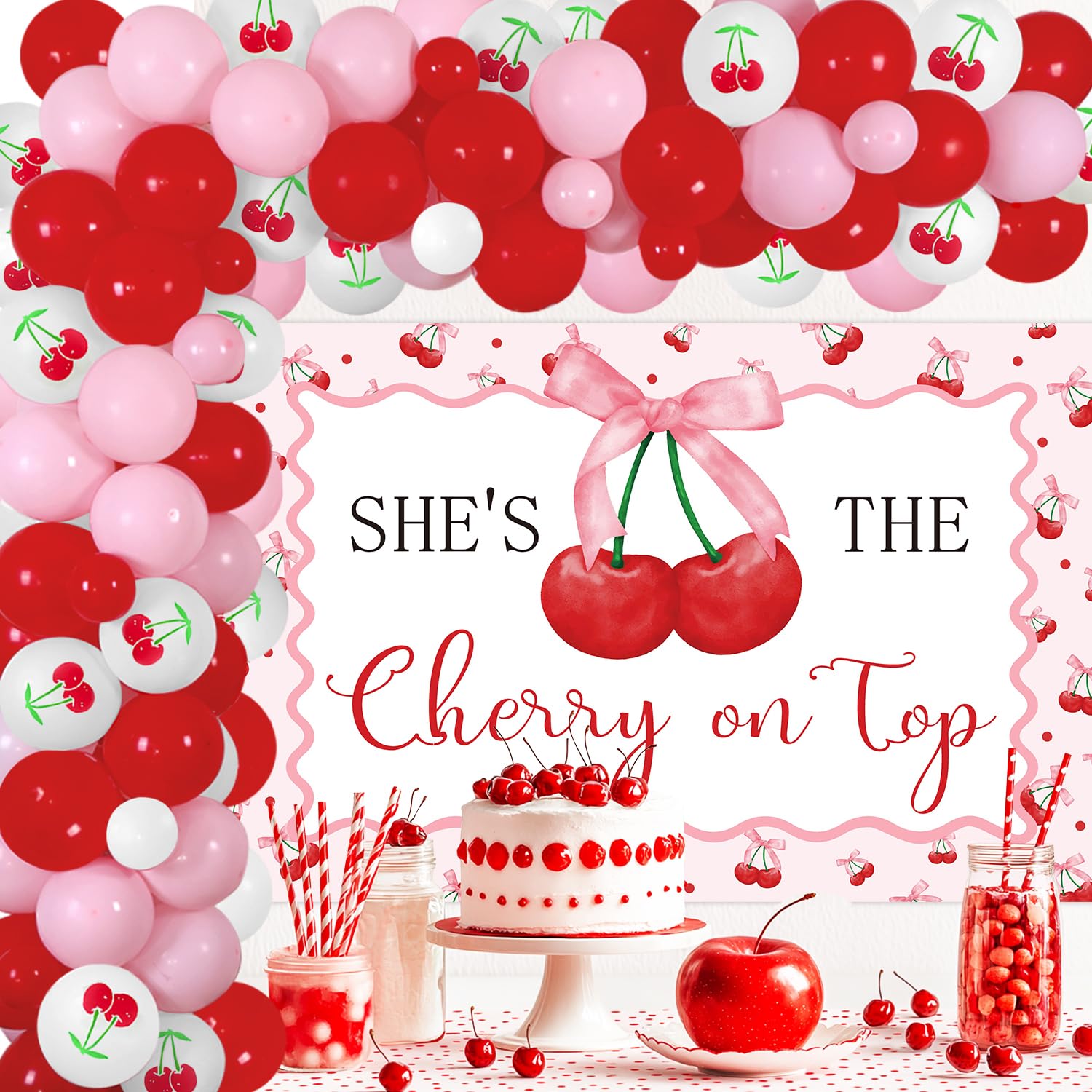 Cherry Party Decorations Kit - 'She's The Cherry On Top' Theme, 48 Pcs, Includes Banner, Flags & Balloons For Girls Birthday Or Summer Party - View #11