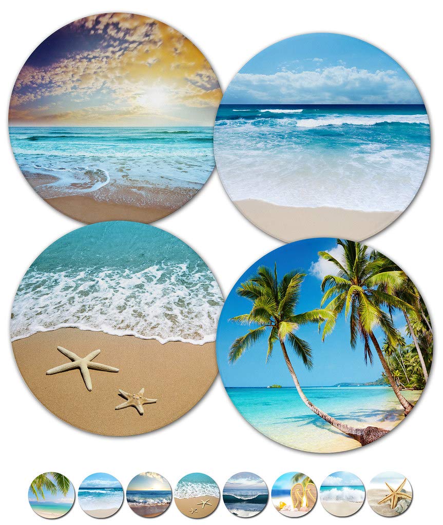 Sugar Vine Art Coaster for Drinks Tropical Beach Ceramic Coasters with Cork Base with No Holder Stone Coasters Set for Wooden Table Great Home and Dining Room Decor Housewarming Decoration Set of 4