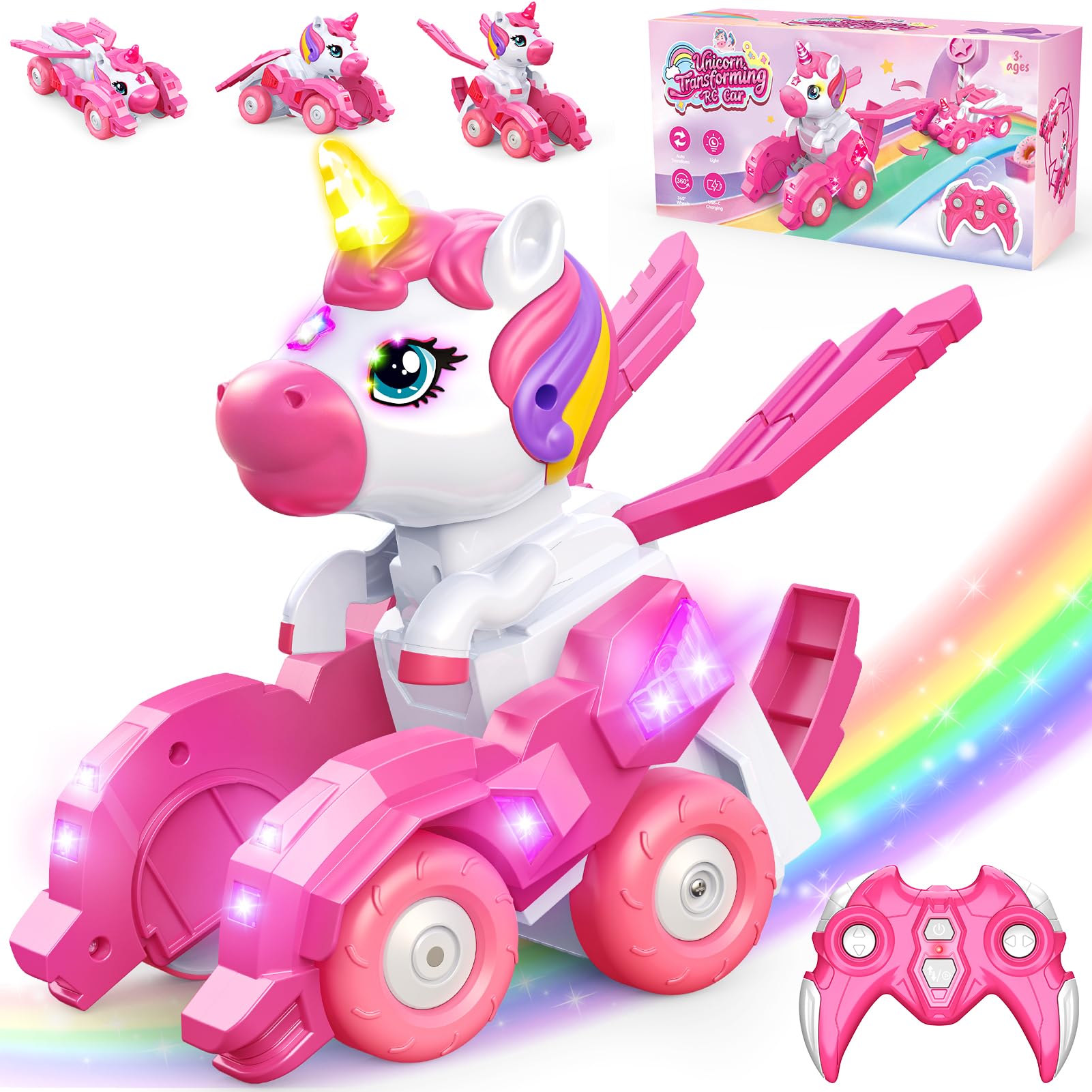 Unicorno Transform Macchina Telecomandata, Giochi Regalo Bambina 4-12 Anni | 2,4 GHz Monster Truck Macchinine per Bambini, Auto Radiocomandata, 360°, Luci, Robot Giocattolo Regalo Compleanno Natale