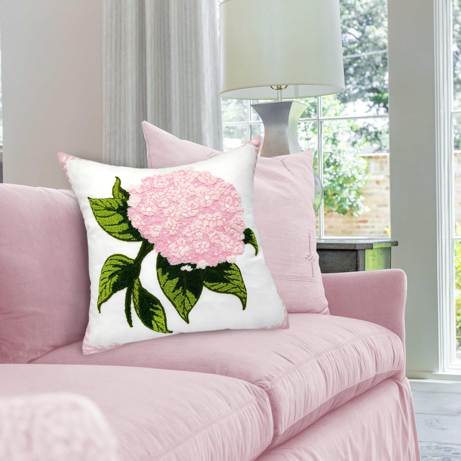Alysheer Spring Hydrangea Embroidered Decorative Throw Pillow Covers 18"x 18" Set of 2, Summer Floral Tufted Patterned Light Pink Cotton Cushion Cases for Couch Bed Living Room Decor