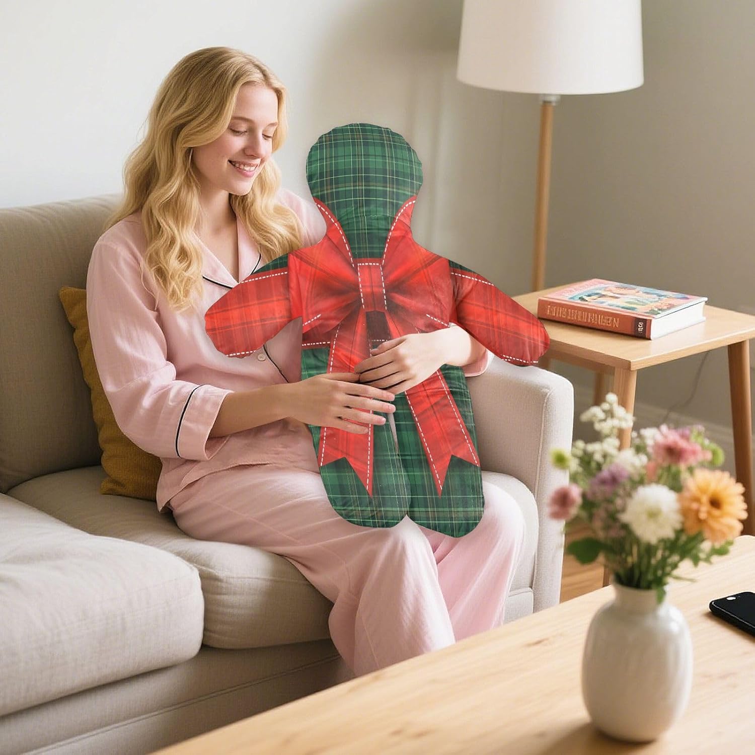 Red Ribbon with A Bow(3) Human-Shaped Pillow Soft Body Pillows Washable Velvet Pillows for Anxiety Relief Sleeping Cuddling & Support