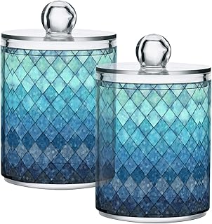 ALAZA 2 Pack Qtip Holder Dispenser Mermaid Scale Bathroom Organizer Canisters for Cotton Balls/Swabs/Pads/Floss,Plastic Apothecary Jars for Vanity 128