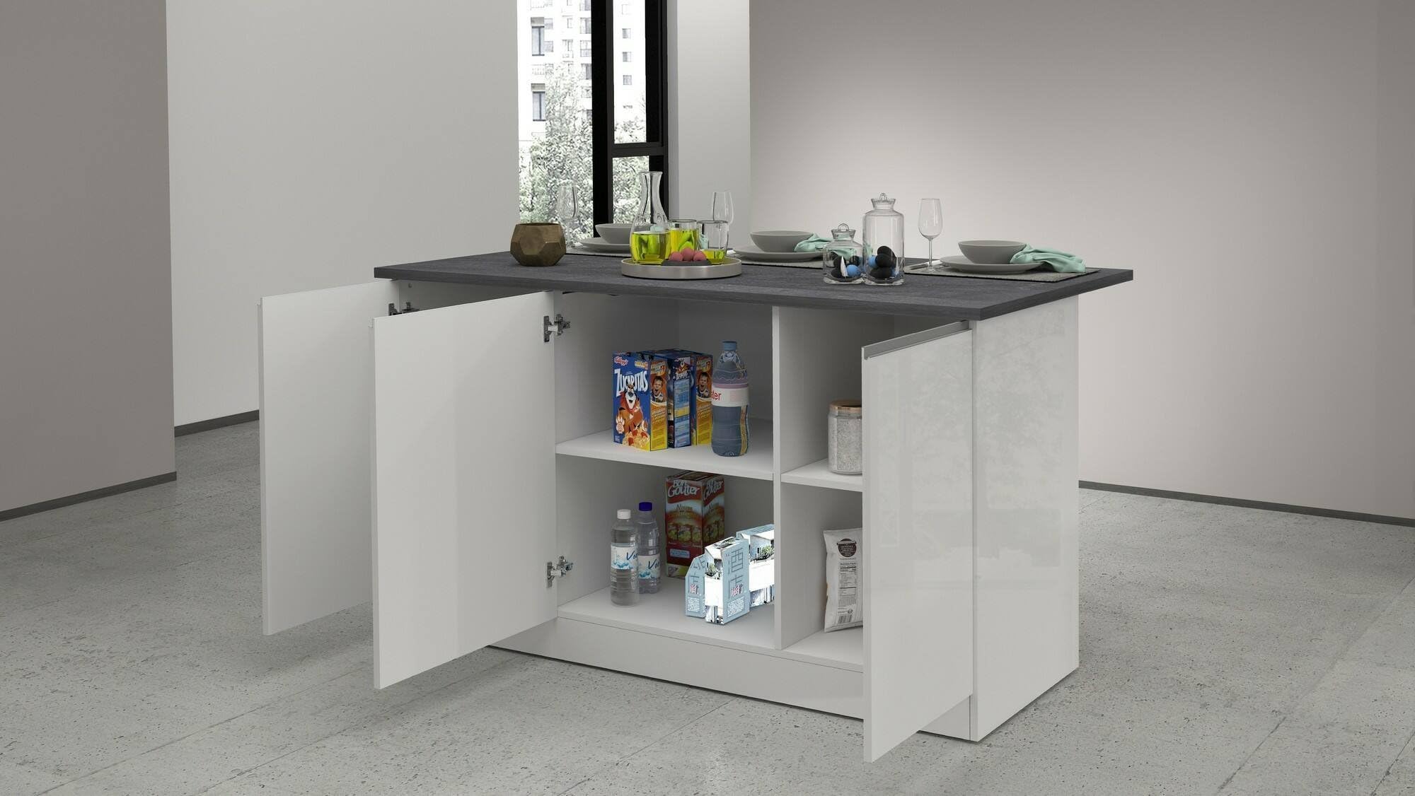 Dmora - Kücheninsel Patrizio, Mehrzweckschrank, Küchenzeile Schrank, Zusätzlicher Tisch, 100% Made in Italy, 155 x 90 x 90 cm, glänzendes Weiß und Schiefer