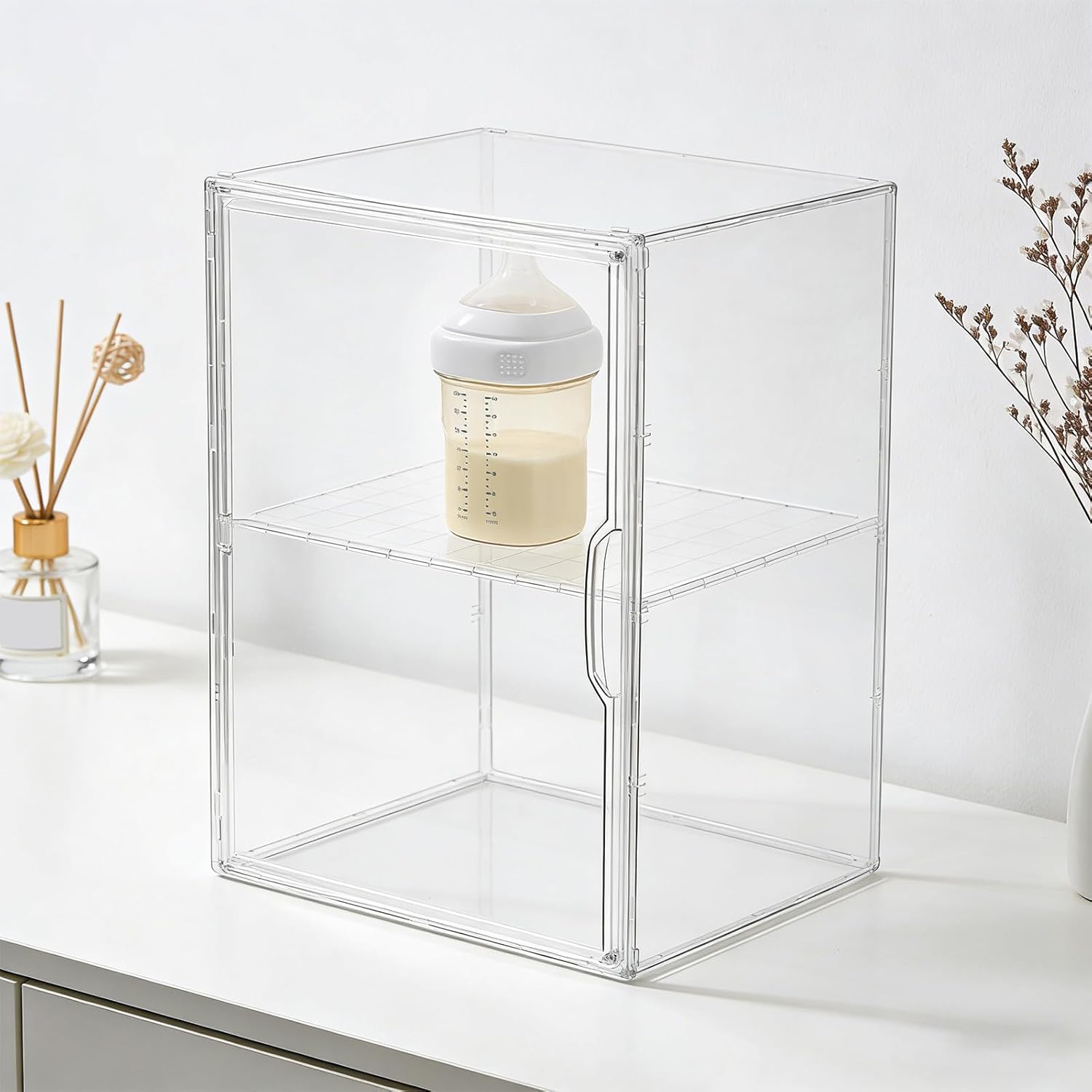 Baby Bottle Organizer: 14.2x10.6x8.7in Adjustable Divider Storage Case for Bottles, Pacifiers, Pump Parts - Clear Organizer for Countertop Cabinet