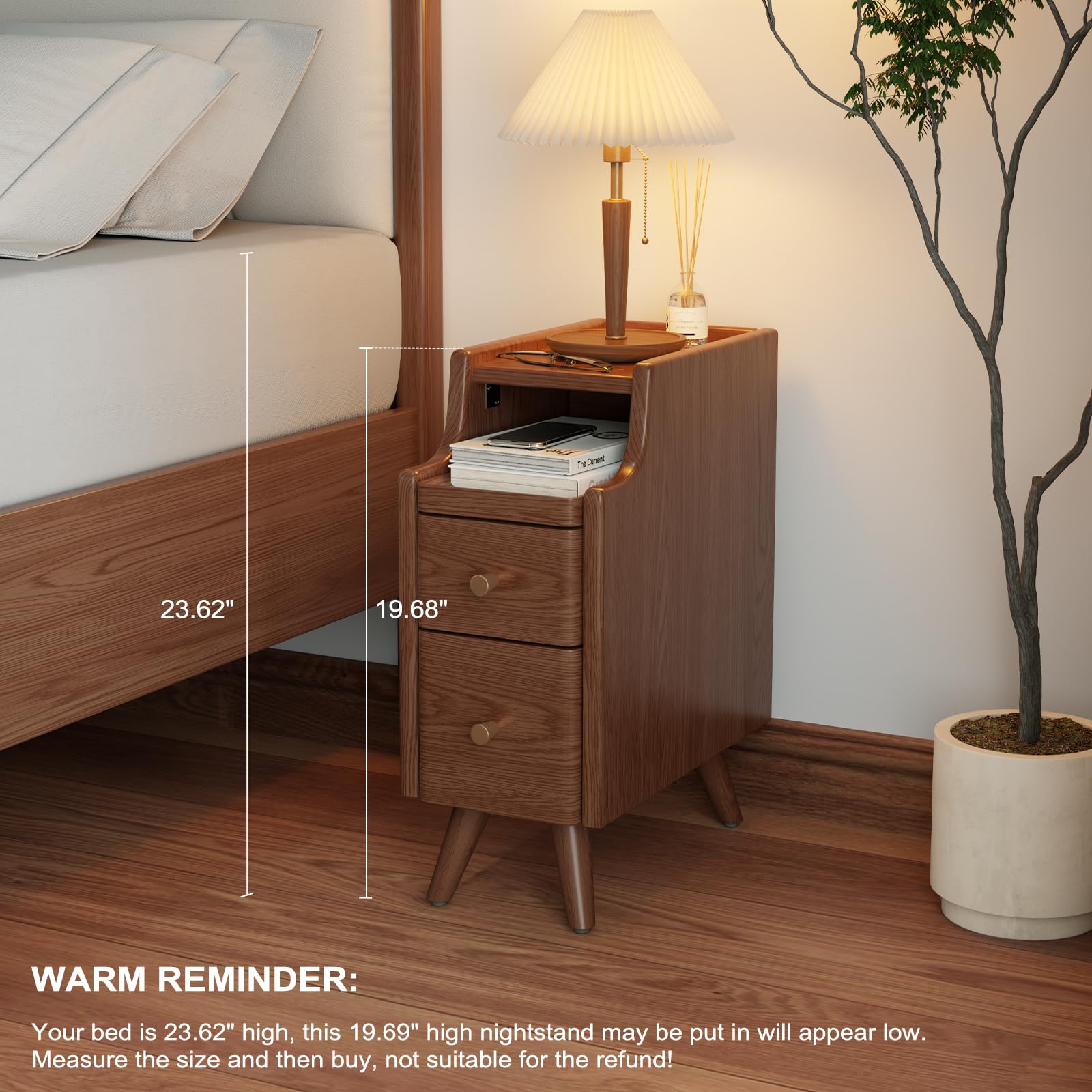 AQIMUELE Nachttisch Schmal, Holz-Beistelltisch mit 2 Schubladen, Nachtkästchen für Schlafzimmer, Wohnzimmer (Walnuss - Breite 20cm)